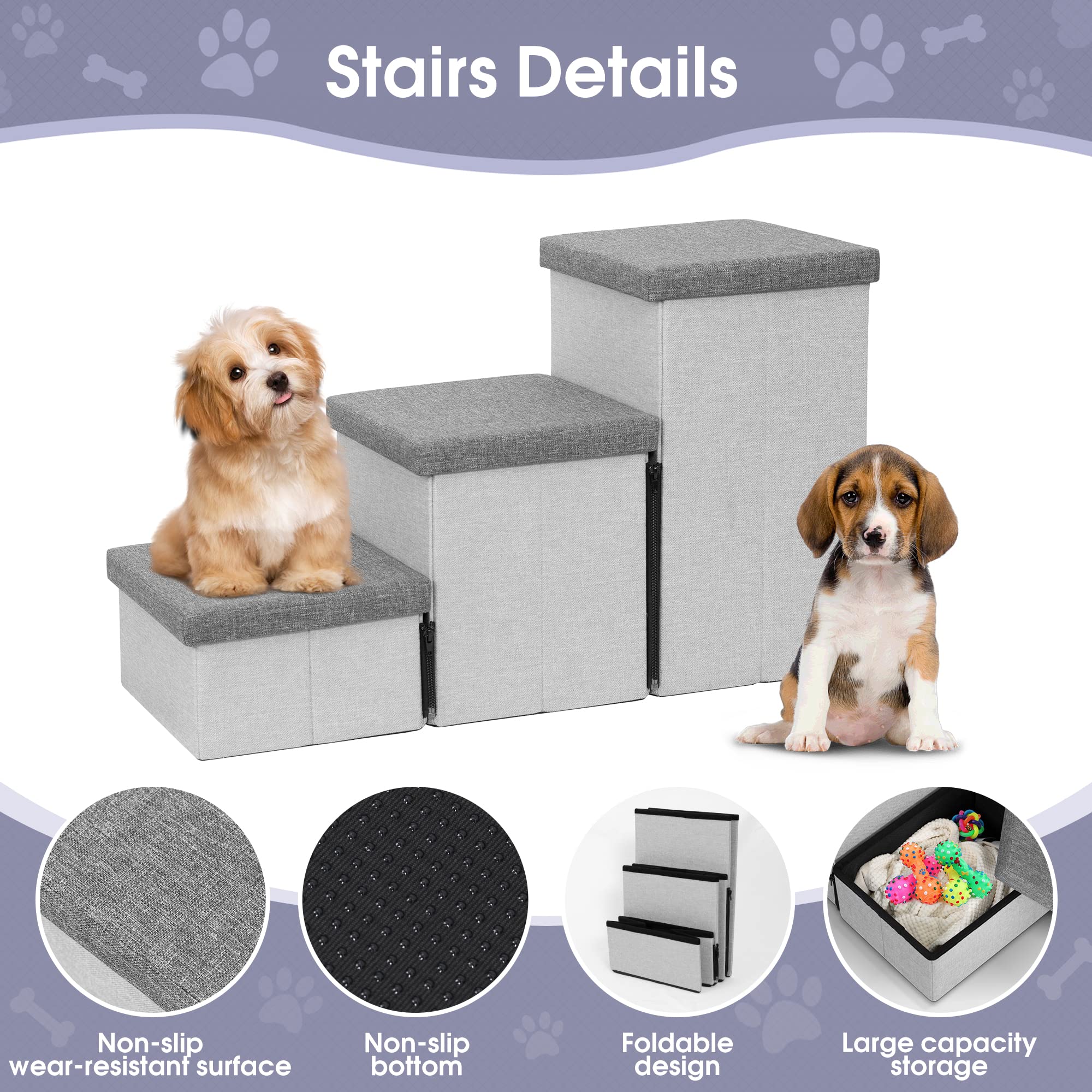 Heeyoo Dog Stairs with Storage, Foldable Dog Steps for Small Dogs, 3 Tiers Non-Slip Pet Stairs for High Beds Or Couch and Sofa,