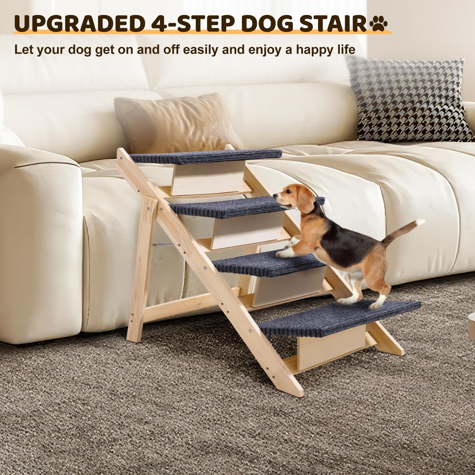 Sararoom Wood Pet Stairs/Pet Steps, 4-Step Dog Steps For High Bed, Sofa And Cars 25.6'' H, Non-Slip Stable Pet Stairs For Small