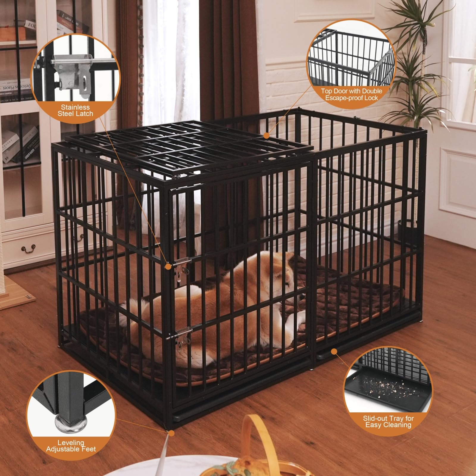 ZephyPaws 61 Extra Large Dog Crate Furniture with Cushion, Heavy Duty Dog cage Strong Metal Dog Kennels and Pens Crates with 2 D