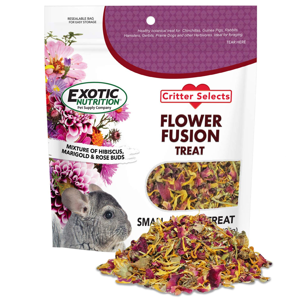 Flower Fusion Treat - Healthy Natural Dried Flower Herbivore Treat - Chinchillas, Guinea Pigs, Rabbits, Prairie Dogs, Degus, Ham