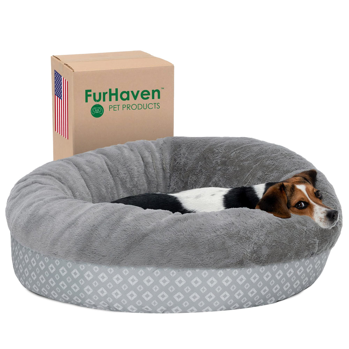 Furhaven 30' Round Donut Dog Bed For Medium/Small Dogs, Refillable W/ Removable Washable Cover, For Dogs Up To 45 Lbs - Plush & Diamond Print Donut Bed - Gray, Medium