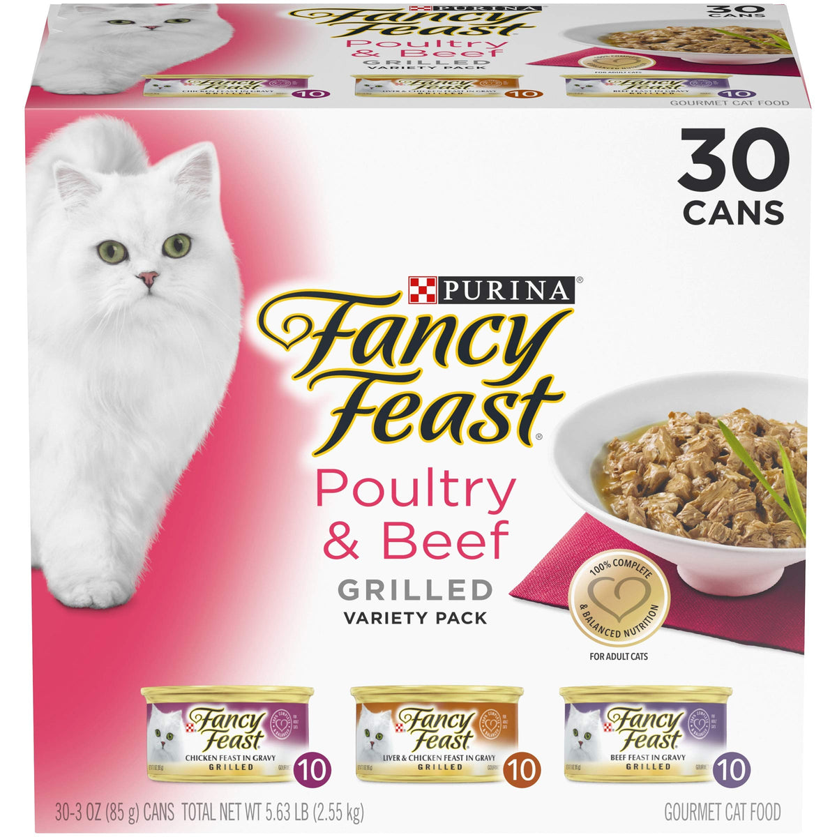 Purina Fancy Feast Grilled Gravy Wet Cat Food Variety Pack, Poultry & Beef Grilled Collection - (30) 3 Oz. Cans