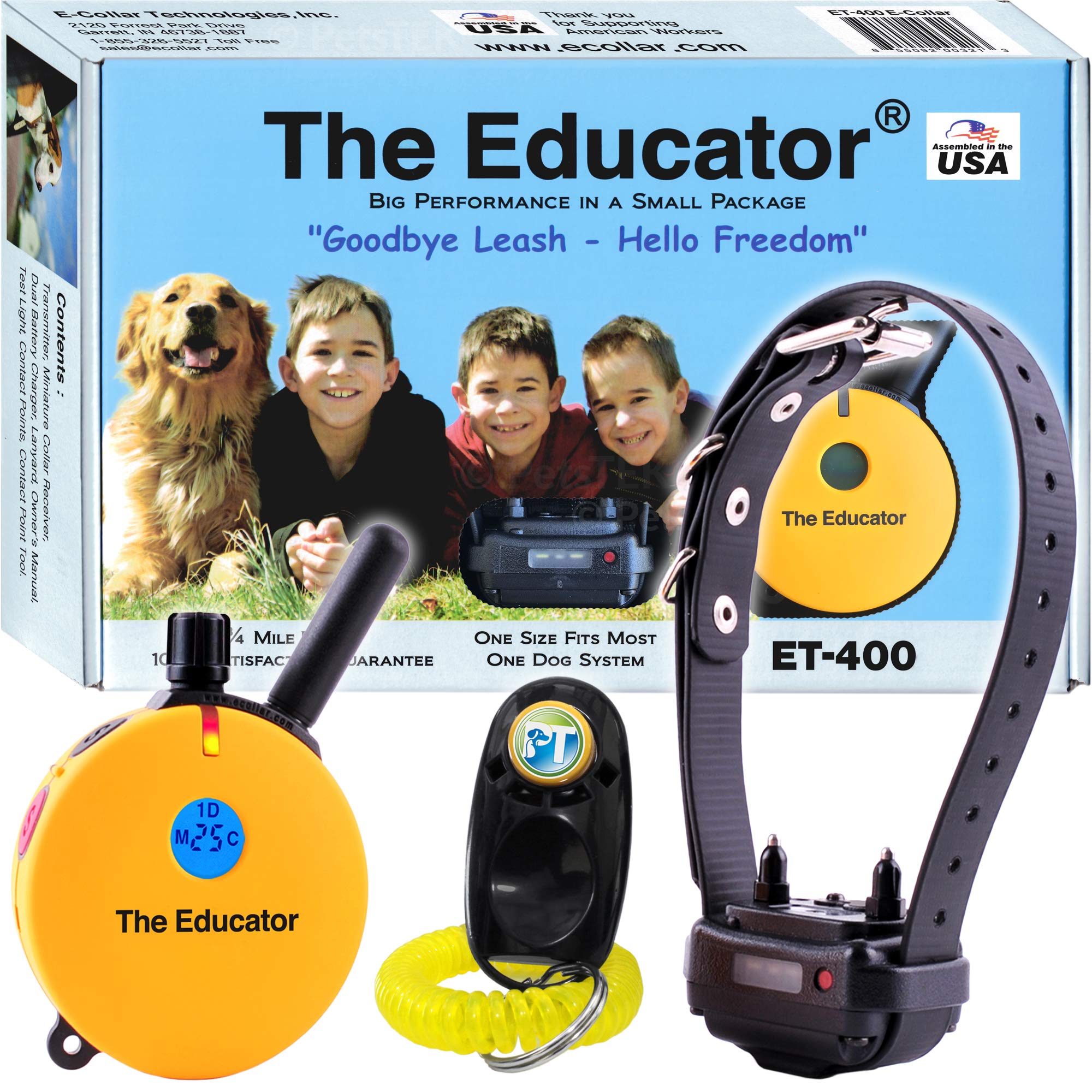 Educator Et-400-3/4 Mile Rechargeable Dog Trainer Ecollar With Remote For Medium And Large Dogs By E-Collar Technologies - Electric, Vibration And Tone Stimulation Collar W/Petstek Training Clicker