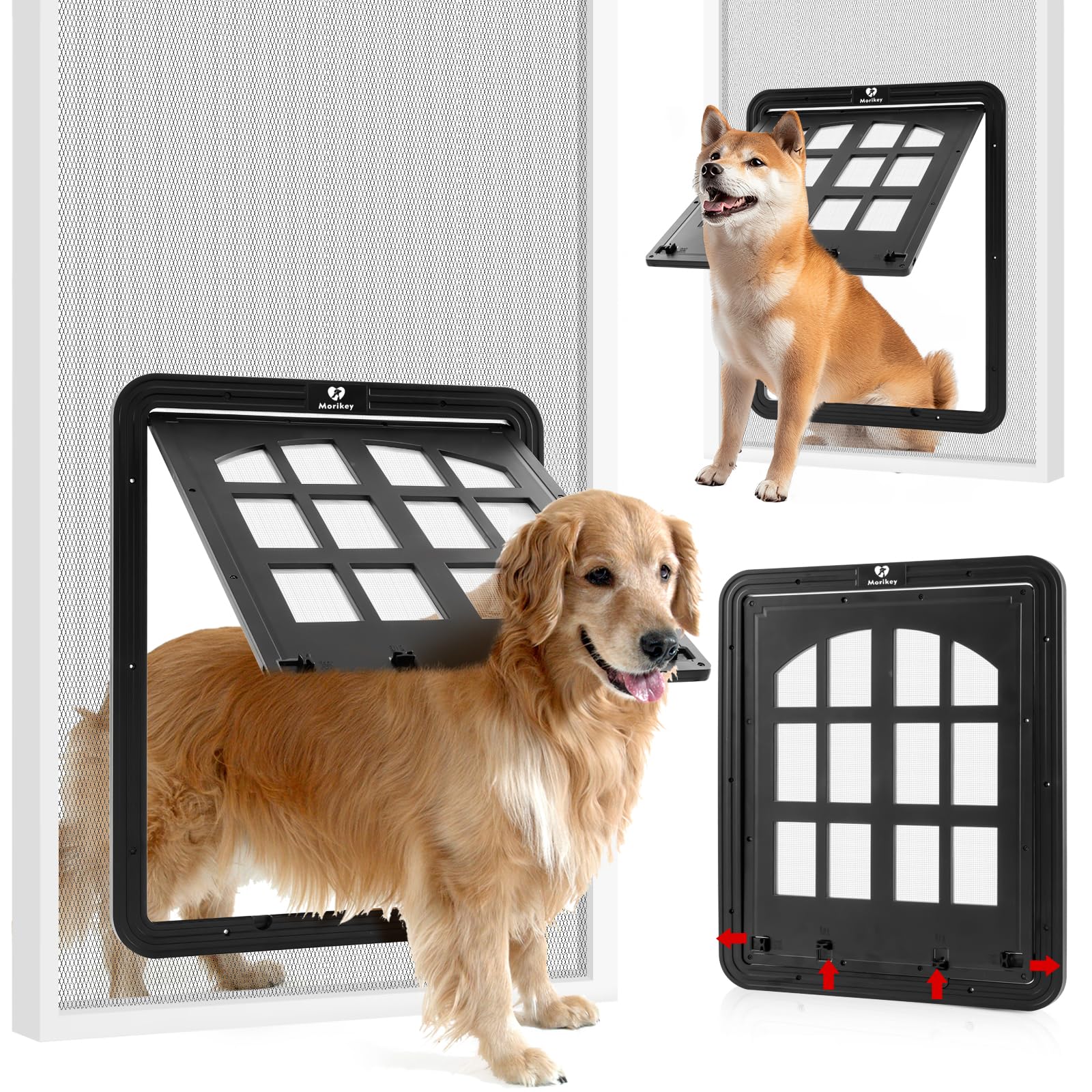 Morikey Large Dog Screen Door, 13 X 17 Inches Flap Opening Dog Door For Screen Door With 4 Entry Ways, Magnetic Self-Closing Pet