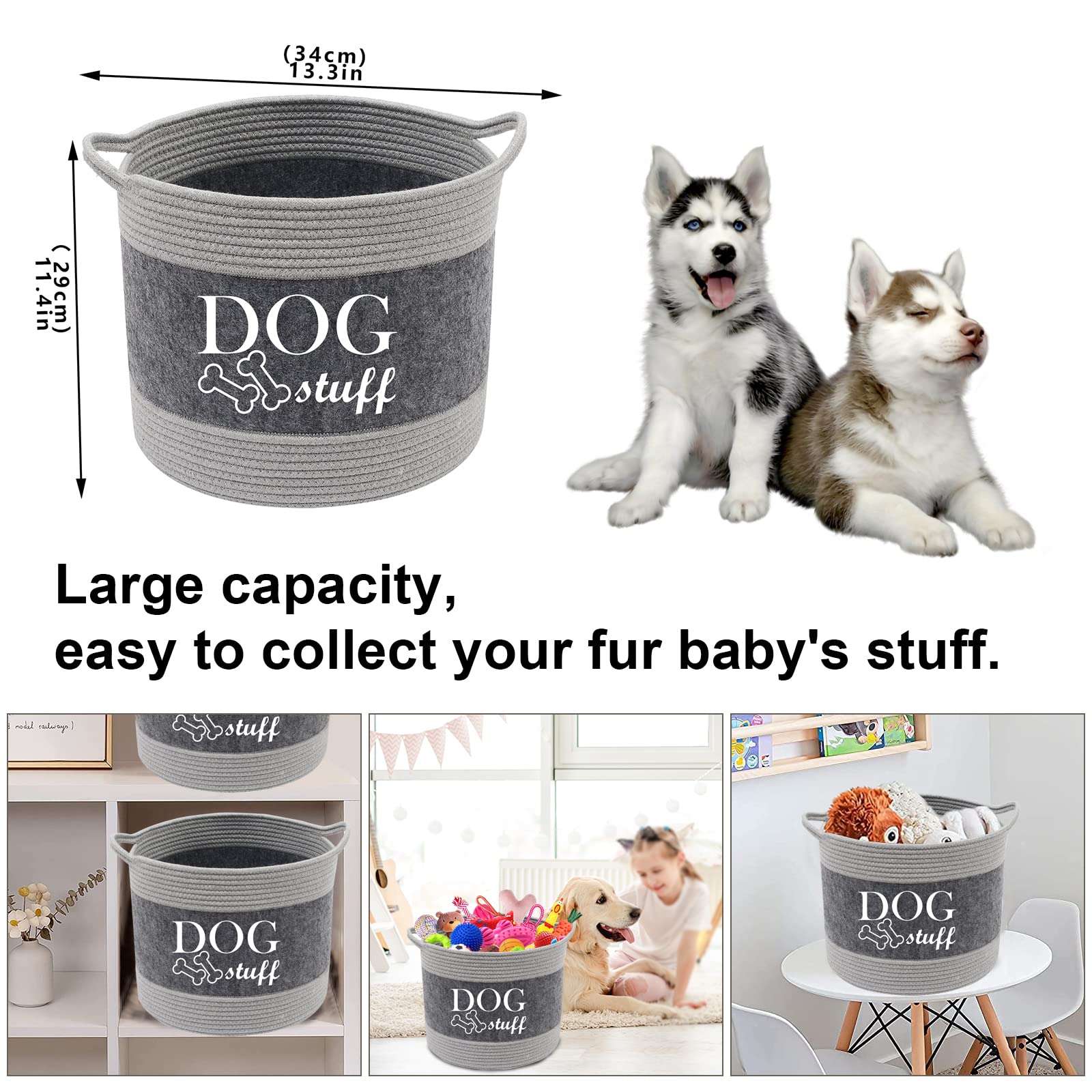 Morezi Cotton felt round dog toy box and dog toy basket storage with handle, doggie toy bin - Good idea for organizing pet toys,