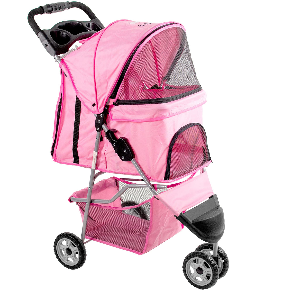 Vivo Pink 3 Wheel Pet Stroller For Cat, Dog And More, Foldable Carrier Strolling Cart, Strolr-V003N