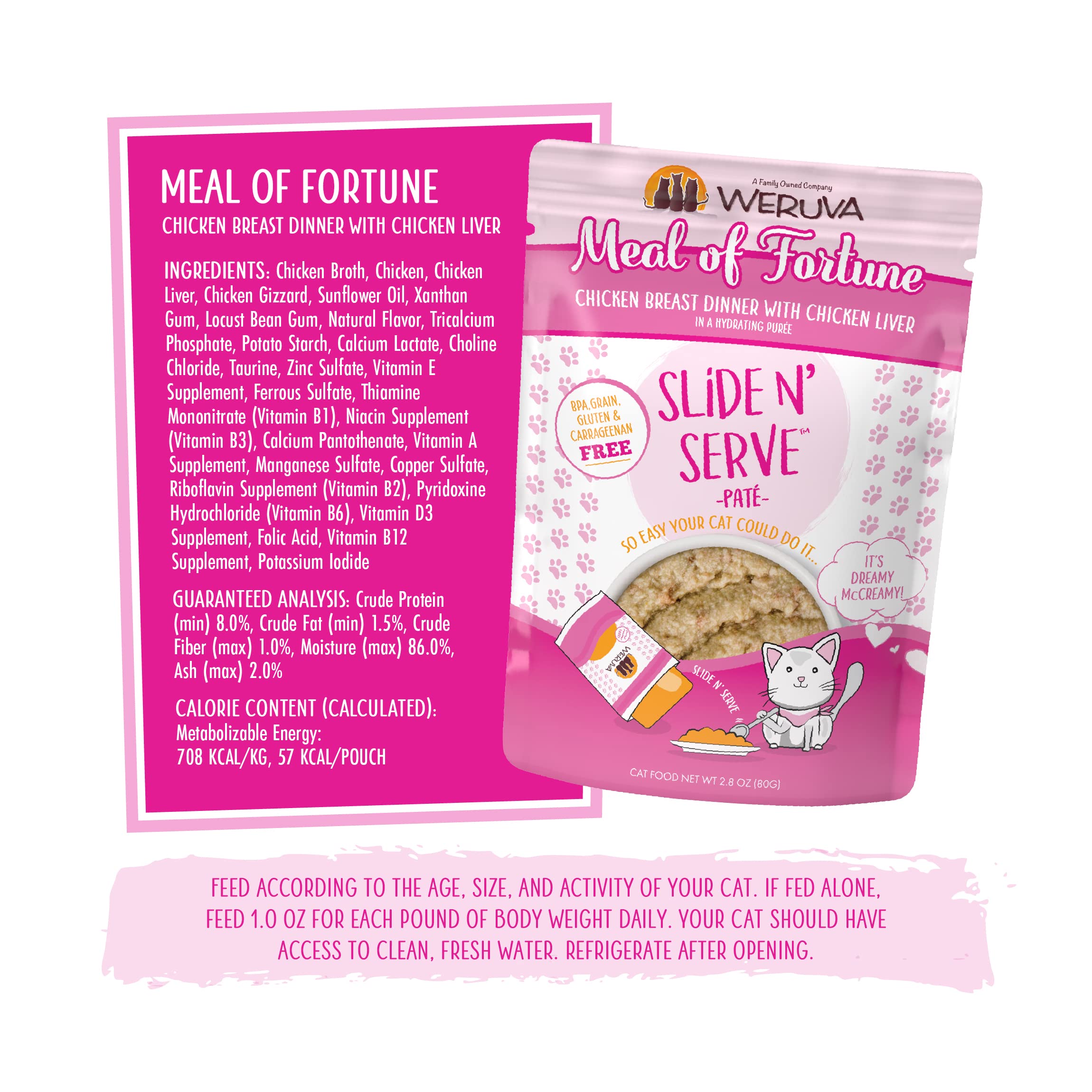Weruva Wet Cat Food, Meal of Fortune Chicken with Chicken Liver Pate, 2.8oz Slide N Serve Pouch, Pack of 12