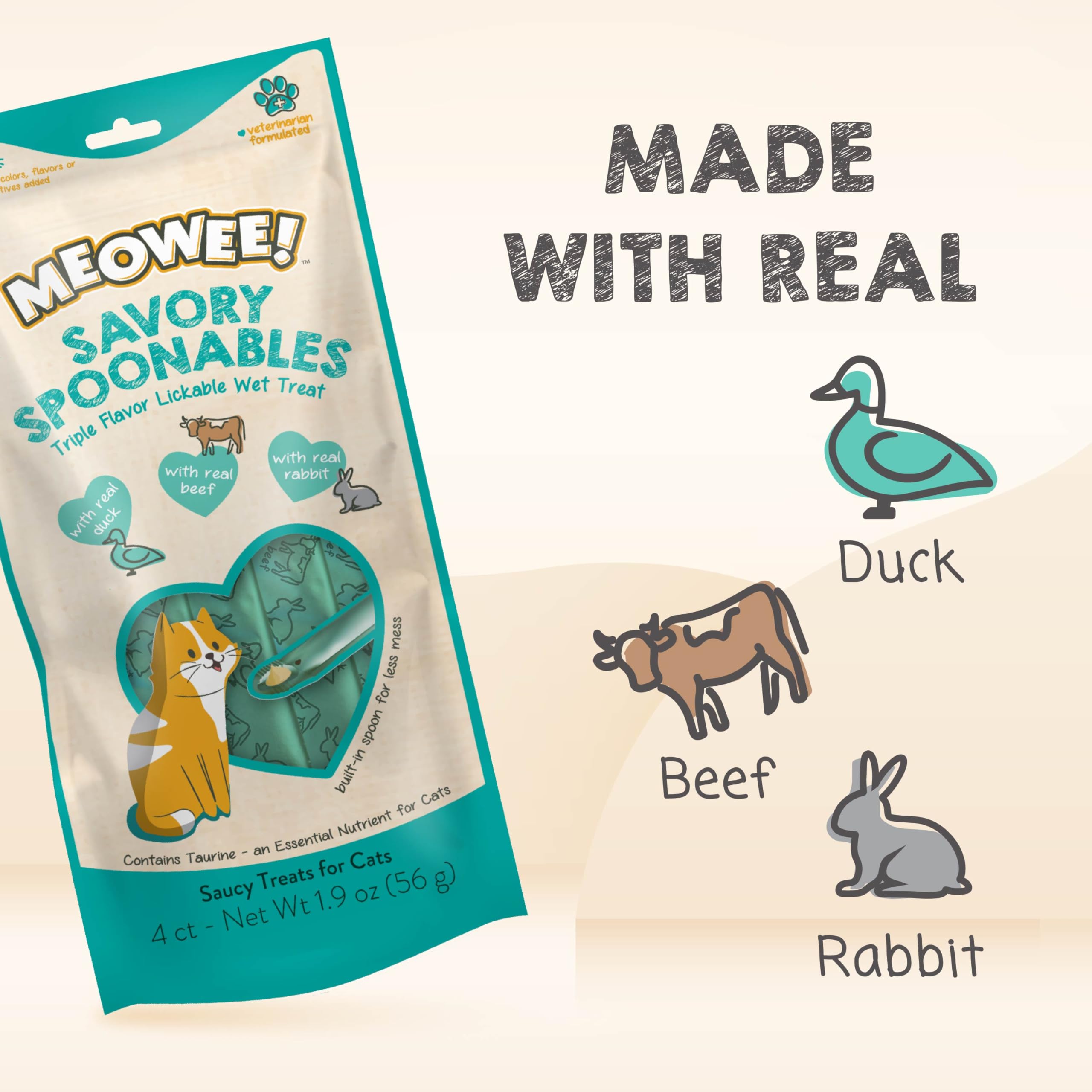 MEOWEE! Savory Spoonables with Real Duck, Beef and Rabbit for Cats, 4 Count, Treat Your Cat to Triple Flavor Squeezable Lickable