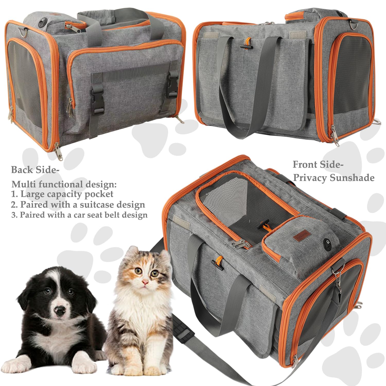 Patazone Grey Cats Carrier Bag For Pets,Small Dog Carriers Soft Sided Bags For Medium Cats Puppies,Large Pocket,Breathable,Sunsh