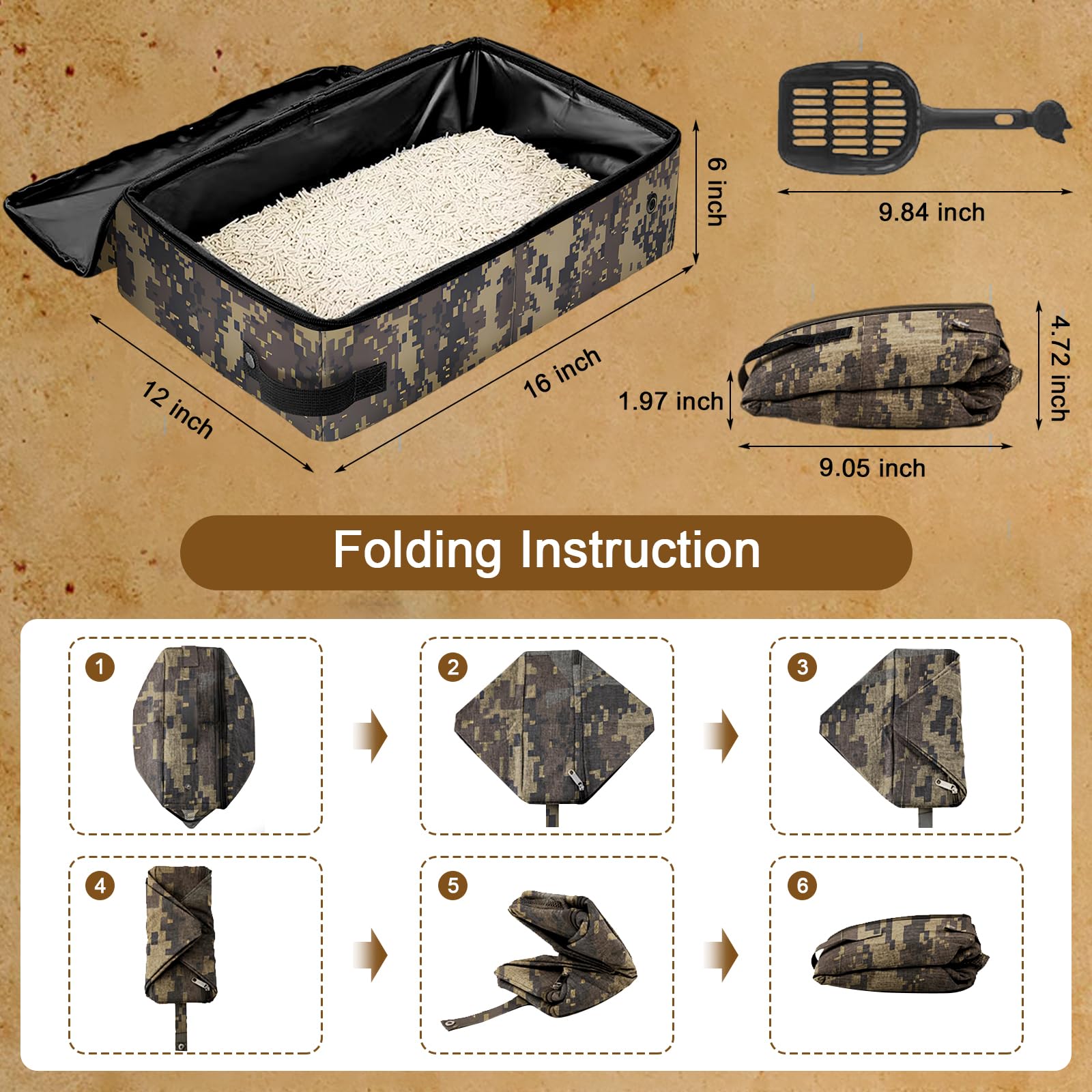 Folding Portable Cat Litter Box With Lid, 16' * 12' * 6' Inch, Collapsible Cat Travel Litter Box With Zipper For Traveling & Cam