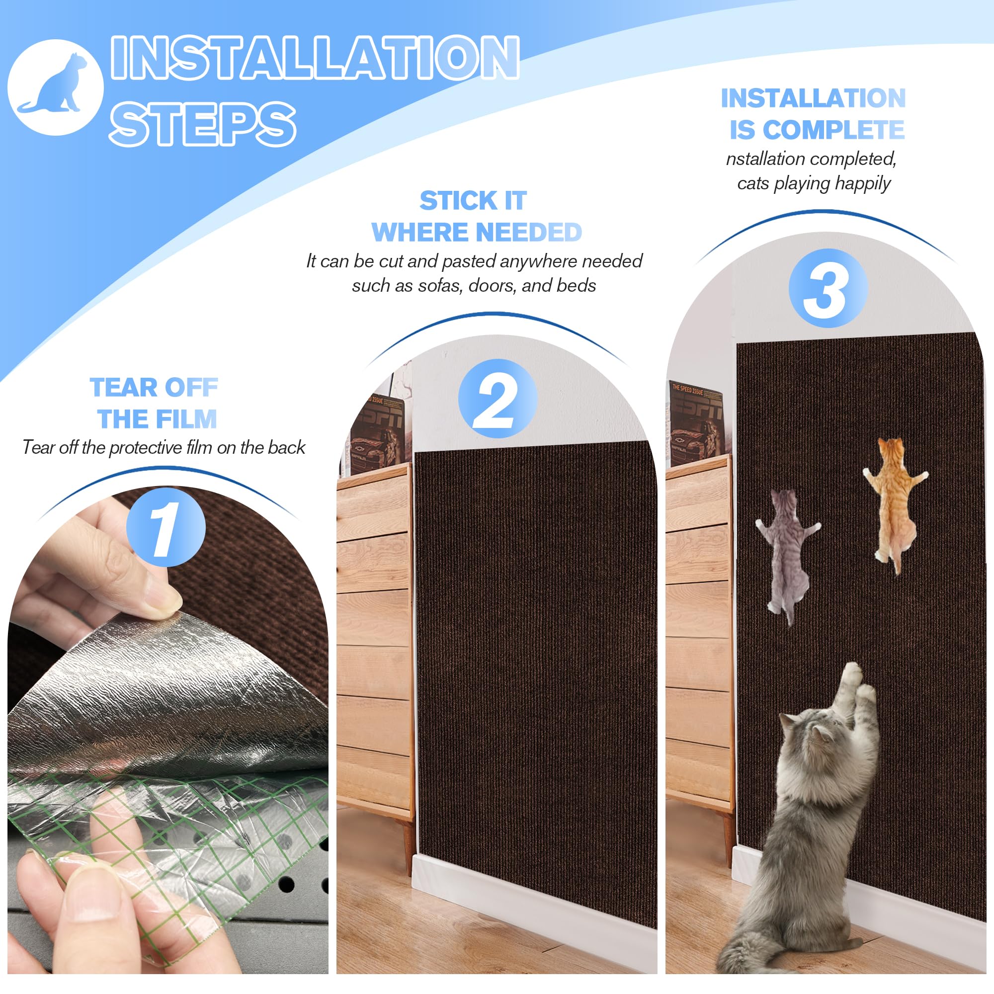 Cat Scratch Mat 5Pack,39.3'X15.7' Cat Scratching Mat Self-Adhesive Carpet Mat Trimmable, Cat Wall Shelves, Cat Scratcher Board