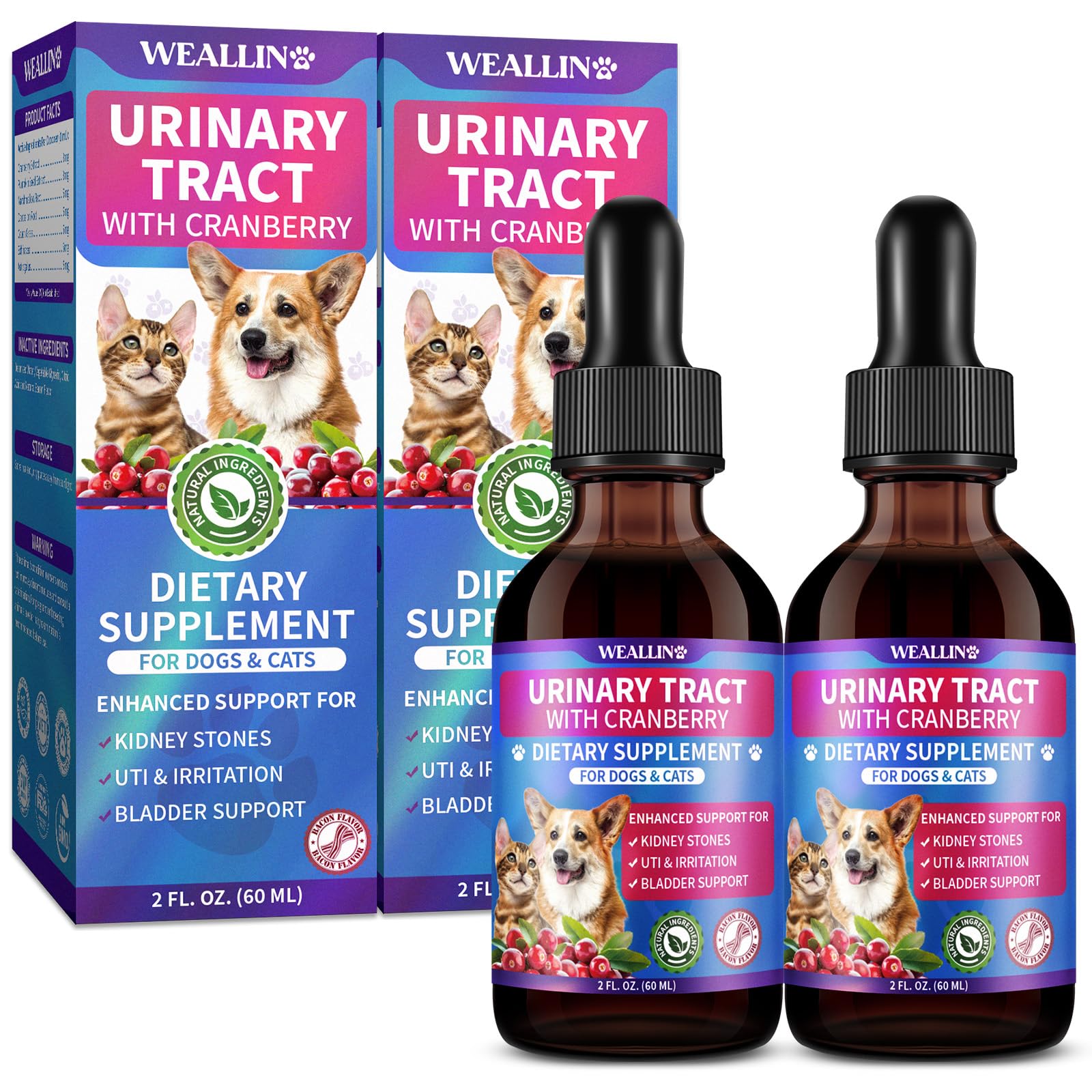 WEALLIN 2 Pack - Cat & Dog Natural Urinary Tract Infection Treatment with Cranberry, Kidney, and Bladder Support Supplement, Sup