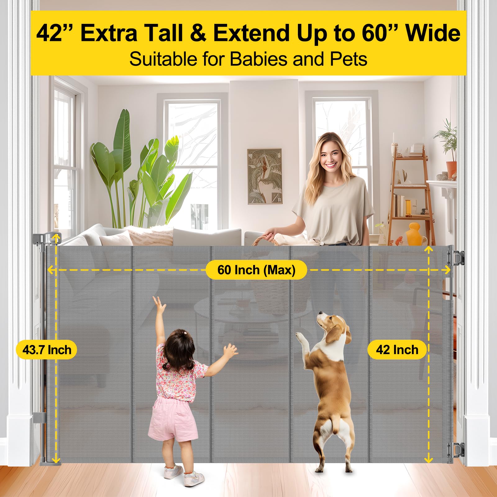 Reinforced 42    Extra Tall Pet Gate for Doorways, Extends up to 60    Wide, Extra Tall Retractable Baby Gates with Rods to Prev