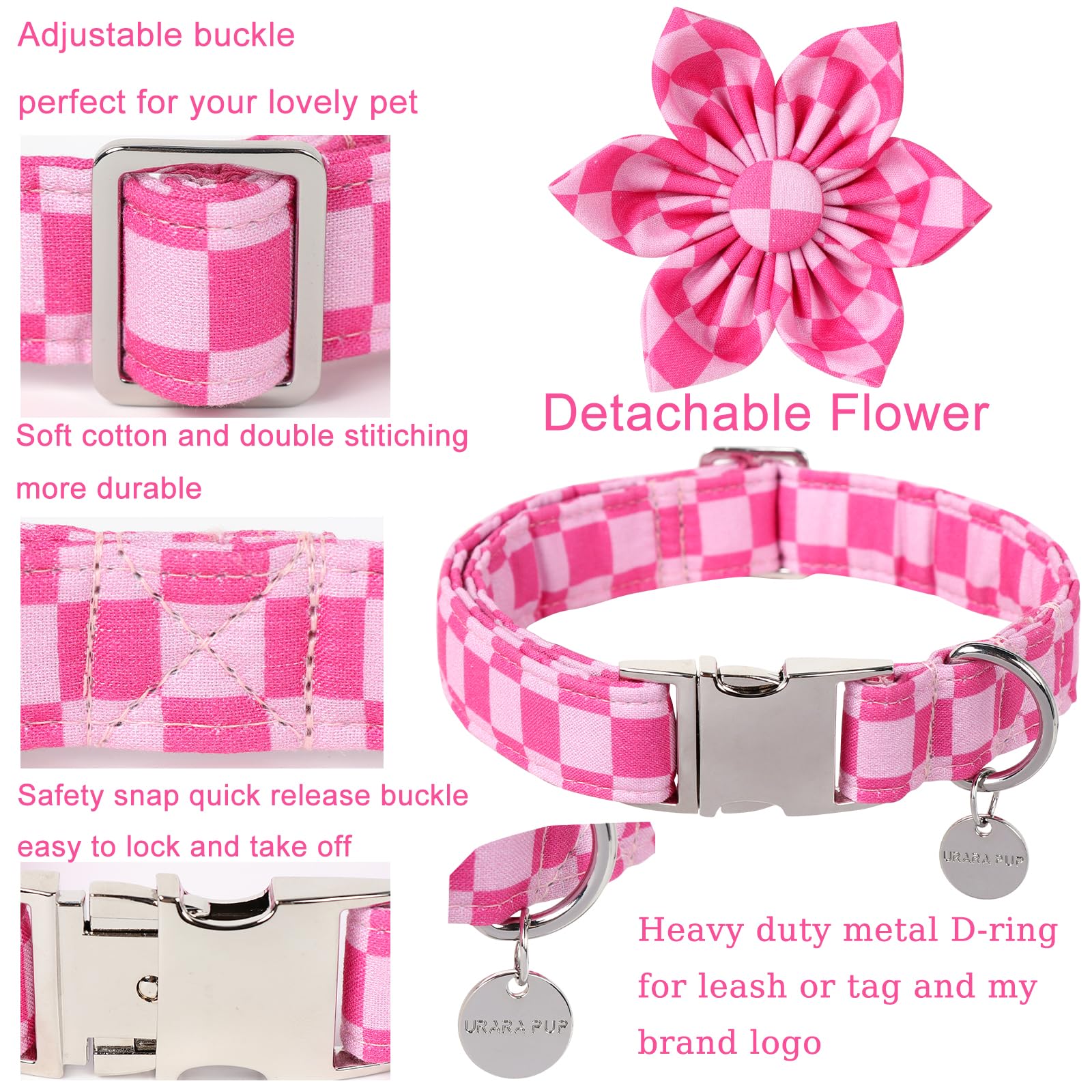 Dog Collar With Flower, Up Urara Pup Cute Pink Dog Bowtie Collar, Detachable Flower Bow Puppy Collar With Metal Buckle For Dogs,