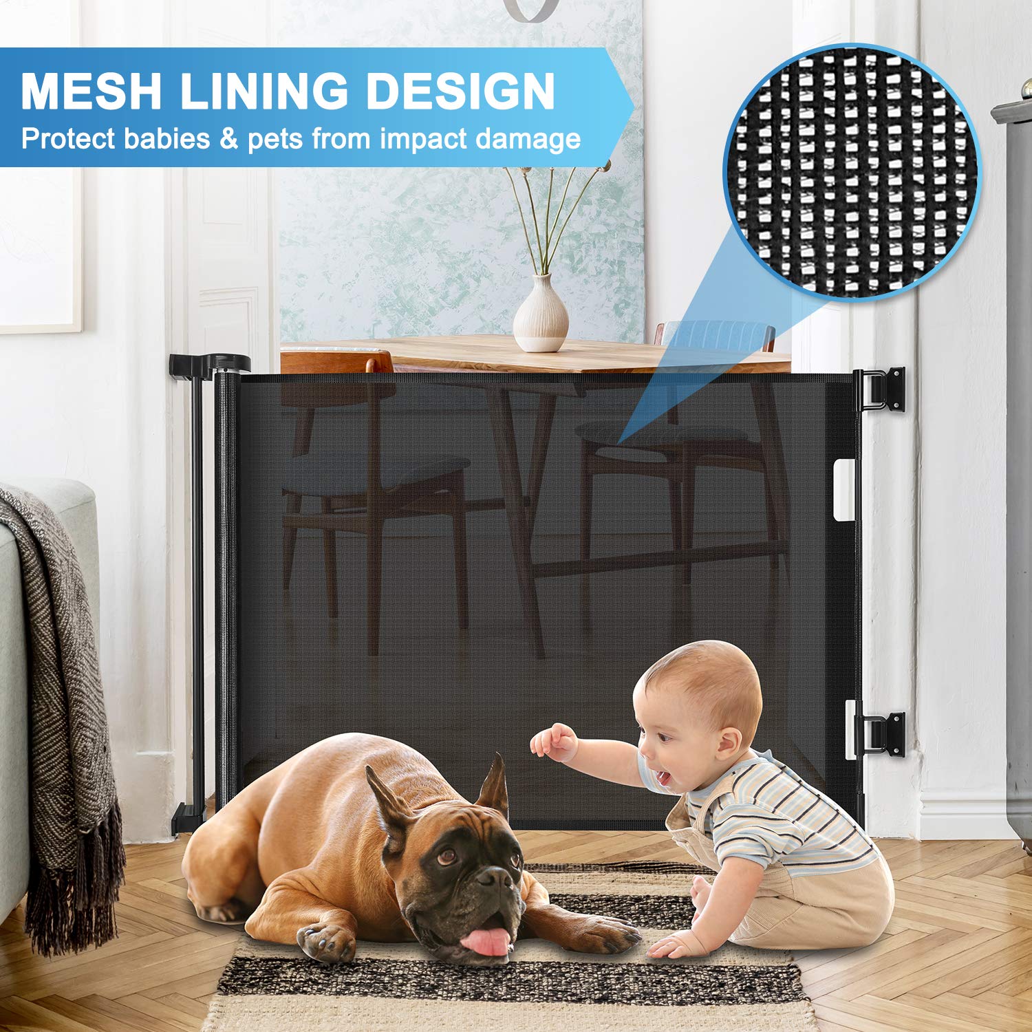 KISKIZ Retractable Baby Gate, 55" Wide Mesh Dog Gate for Stairs, Black, 33" Tall, Model TB-A741147