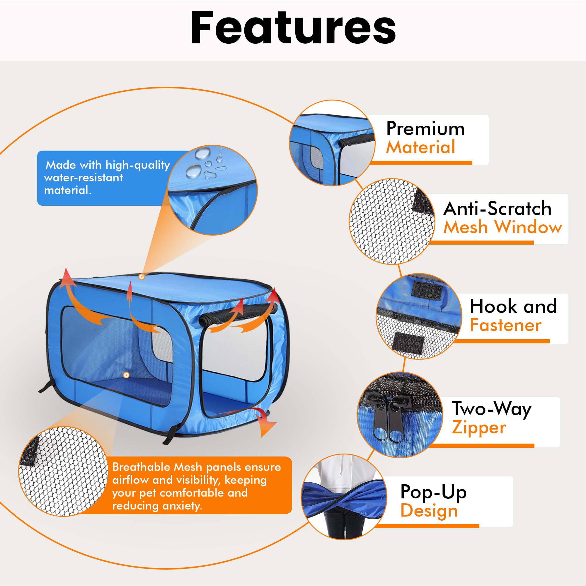 Beatrice Home Fashions Portable, Collapsible, Pop Up Kennel Travel Cat And Dog Crate, 36'' L X 22'' W X 22'' H, Blue