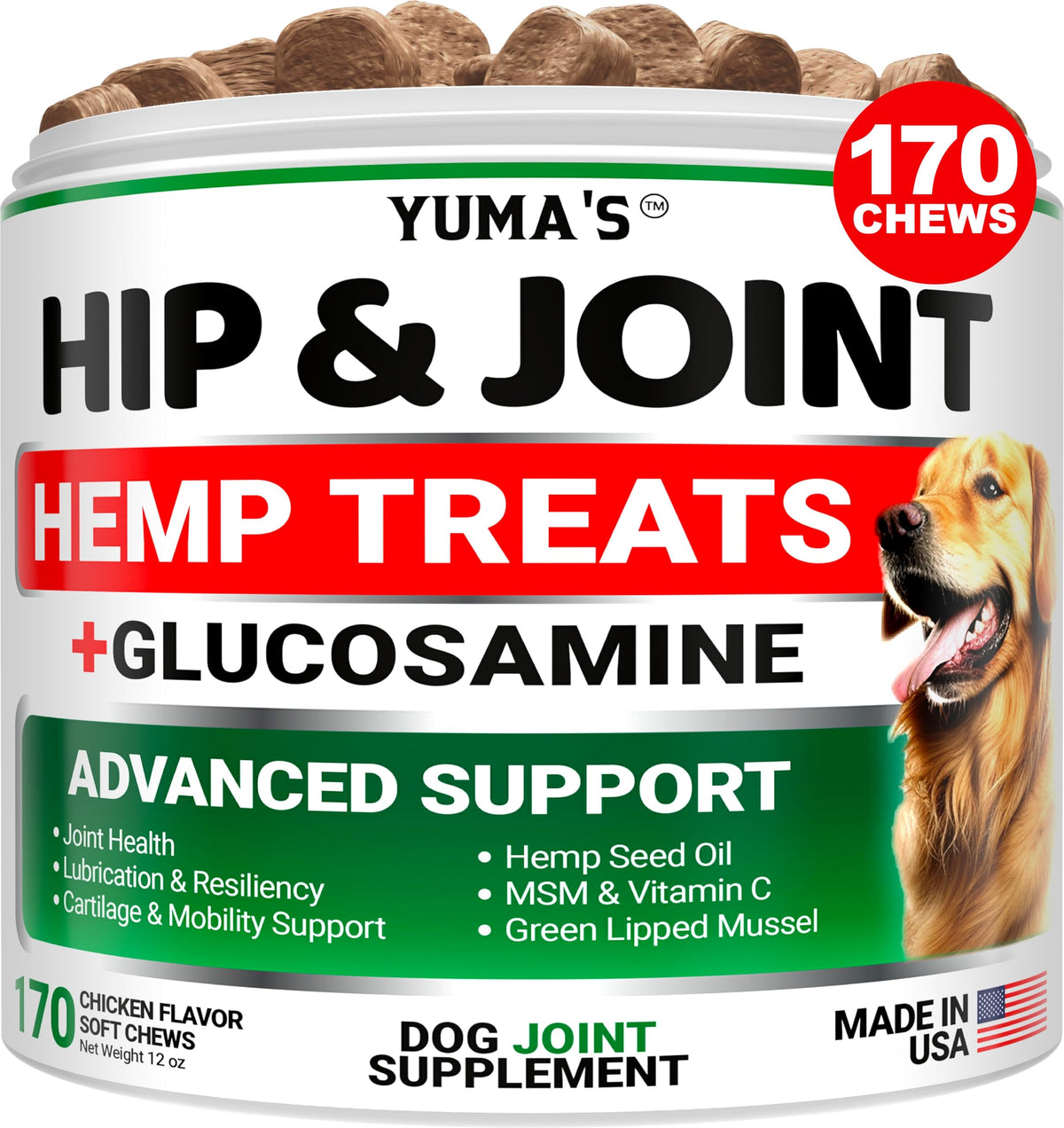 Yuma'S Hemp Hip And Joint Supplement For Dogs - Glucosamine For Dogs - 170 Joint Pain Relief Chews - Chondroitin, Msm - Hemp Oil - Advanced Canine Health Supplement - Mobility Support Treats