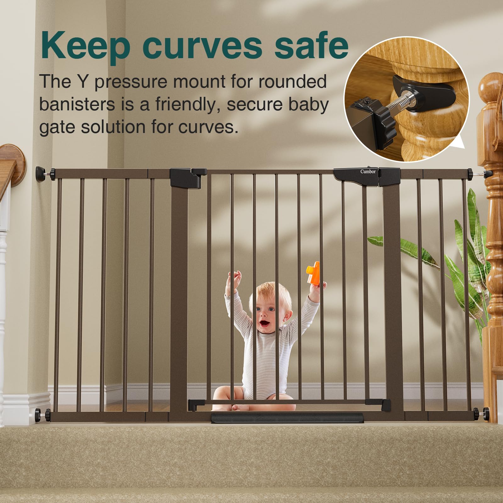Cumbor 29.7-54.2' Wide Baby Gate For Stairs, Mom'S Choice Awards Winner-Self Closing Dog Gate Indoor For Doorways, No Drilling Pressure Mounted Pet Gates For Kids, Easy Walk Through Safety Gate, Brown