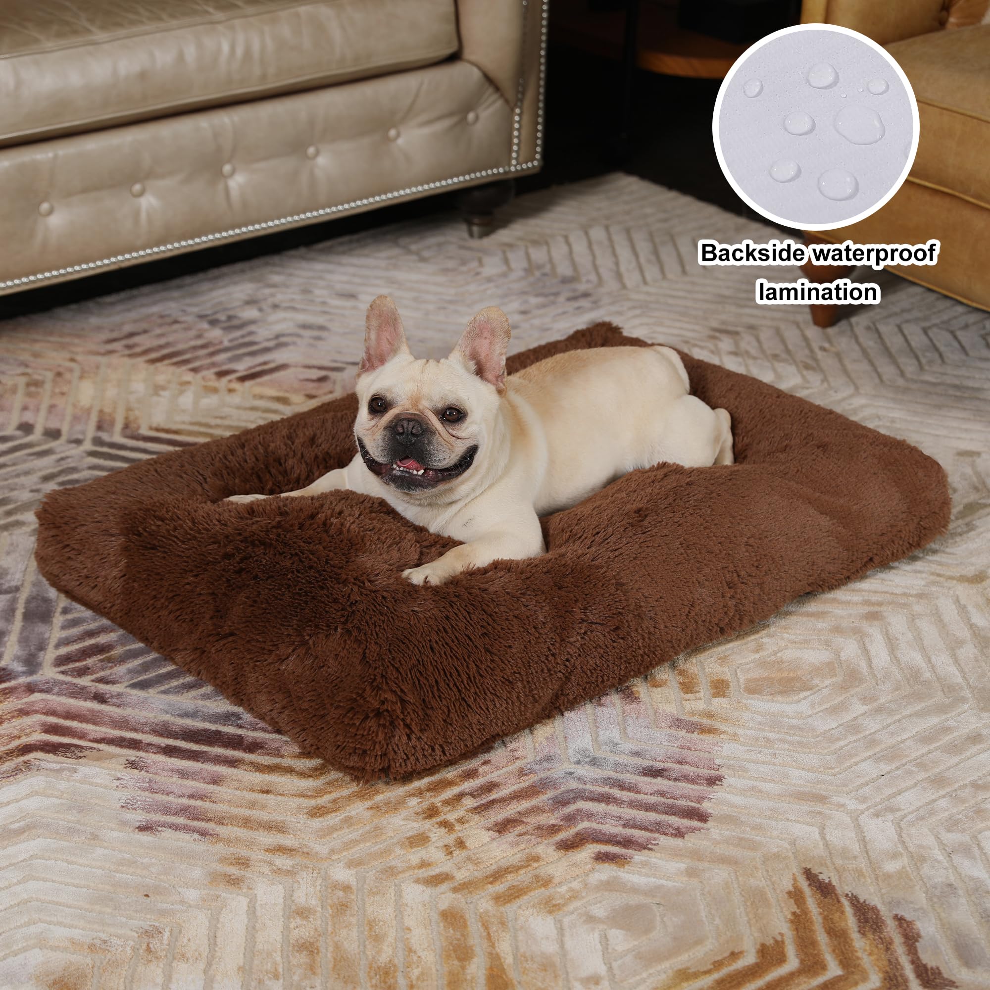 Bedfolks Plush Waterproof Dog Crate Bed, Pad With Removable Cover, Faux Fur, Washable Kennel Bed 29''X21'', Solid Brown