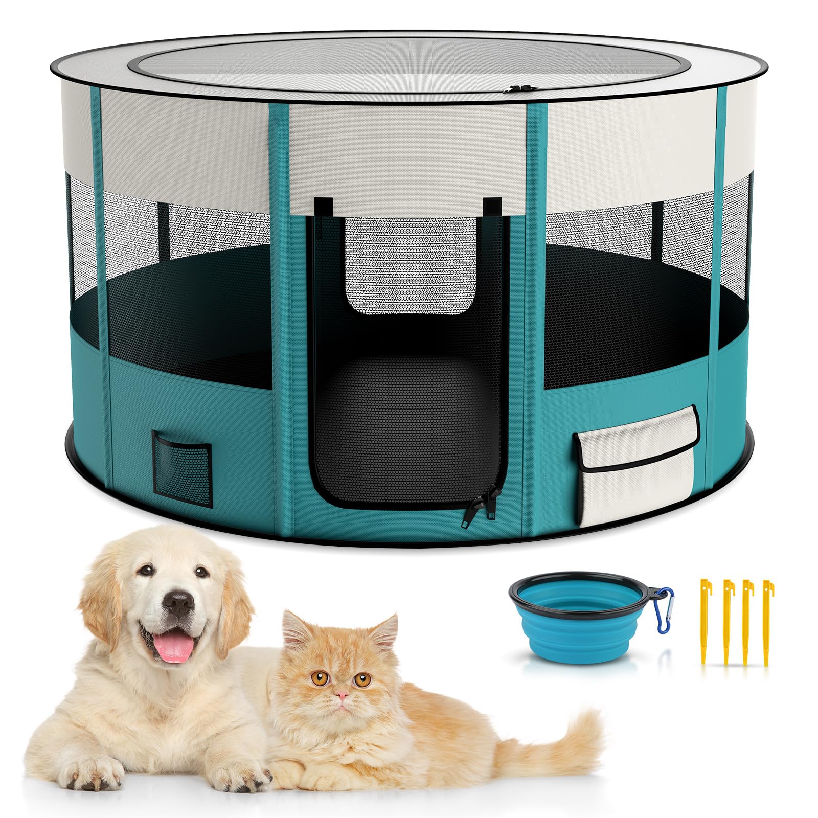 Foldable Playpen For Dogs, 110Cm*110Cm Waterproof Portable Dog Cat Crate Pet Exercise Kennel Tent, Puppy Kitten Cage With Shade 