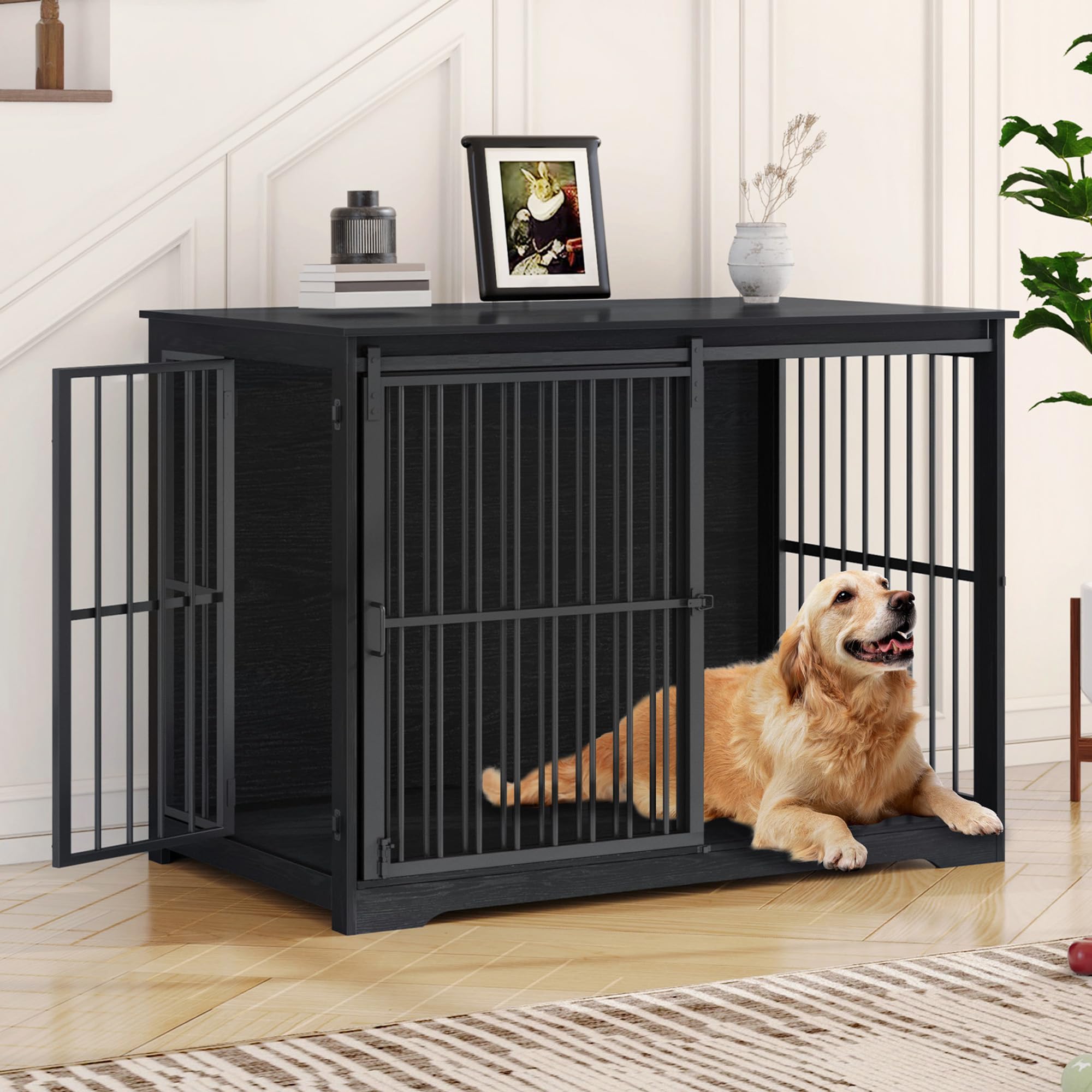 Hzuaneri XXL Large Dog Crate Furniture, 46.9 Indoor Dog Kennel Furniture with Barn Door, Wooden Tall Dog Crate, Heavy Duty Dog C