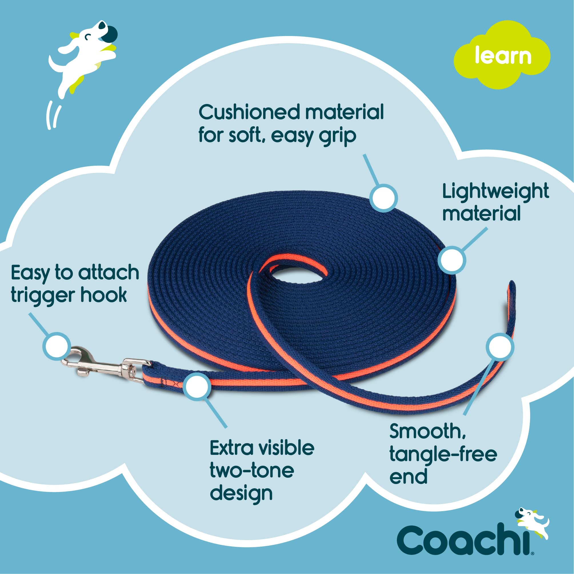 Coachi Training Line 10M Safe Training Outdoors, Recall Training, Dog And Puppy Socialisation, Lightweight, Soft To Hold, Perfect For Stopping Chasing, Suitable For Medium And Large Dogs And Puppies