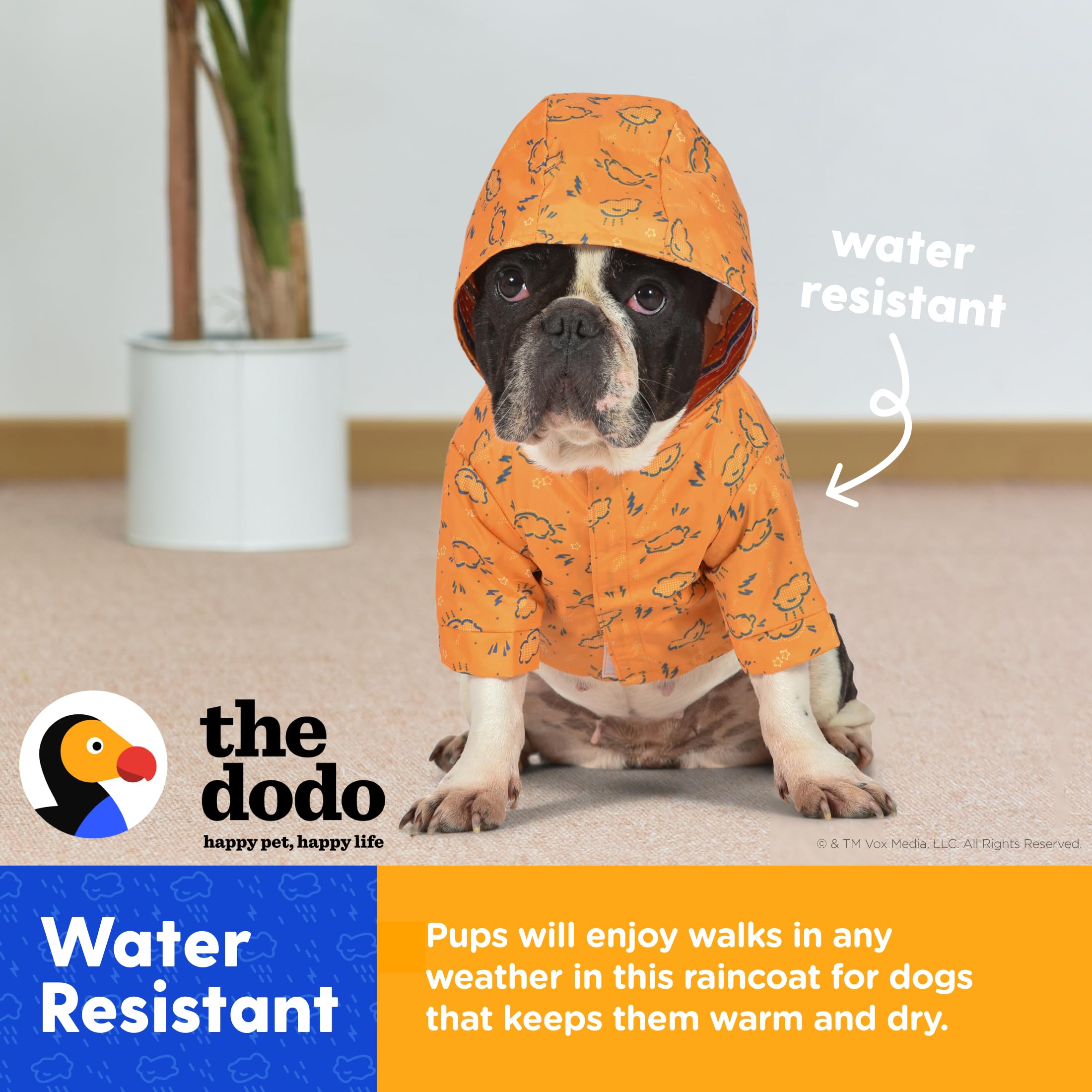 The Dodo Rainy Days Printed Raincoat for Dogs, Orange, Size Large; Water Resistant Dog Raincoat with Hook-and-Loop Drape Closure