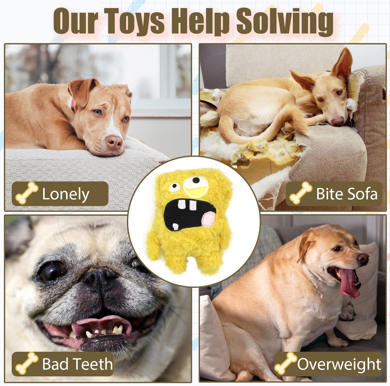 HUGEME Squeaky Dog Toy, Plush Stuffed Dog Toy Keep Them Busy Tug of War Dog Chew Toy for Small Medium Large Dogs (Yellow)