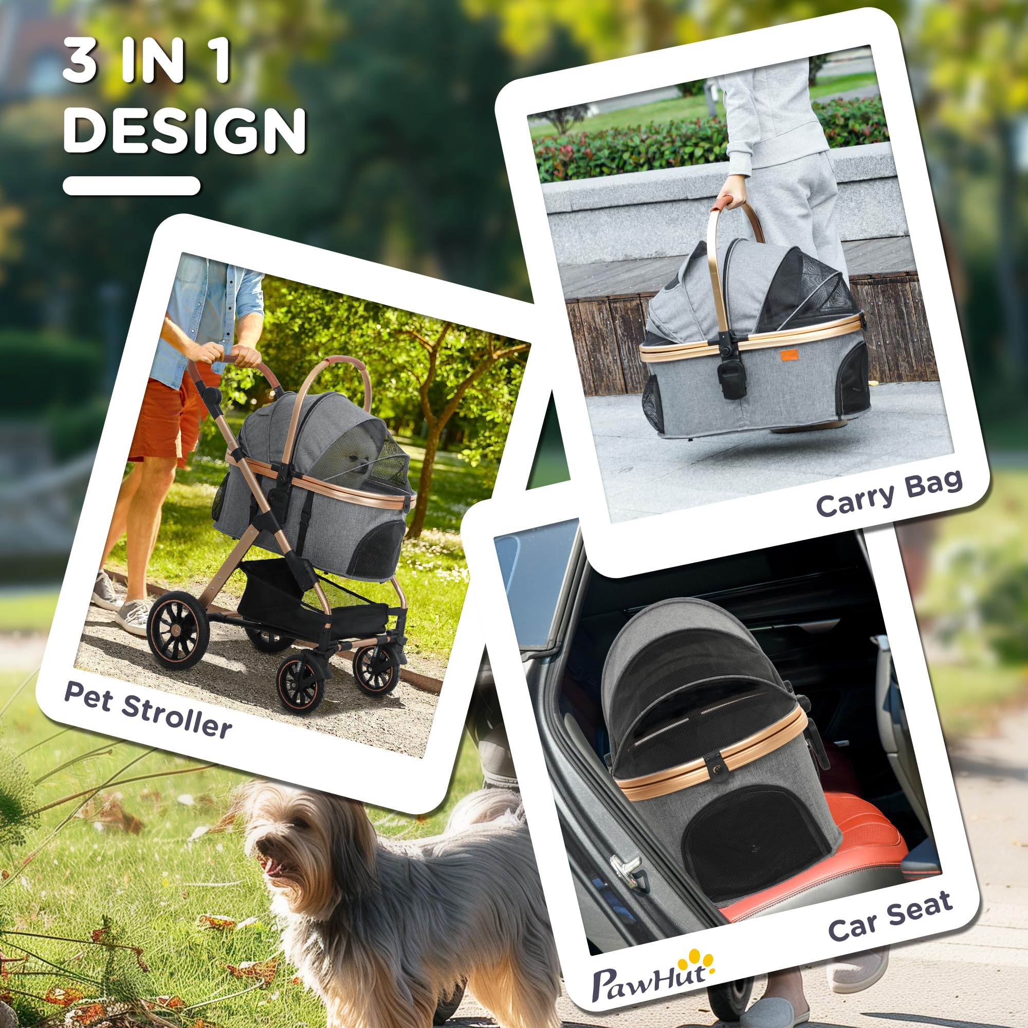 Pawhut 3 In 1 Dog Stroller With Detachable Cabin, 4 Wheel Folding Lightweight Pet Stroller With Adjustable Canopy, Rubber Wheels