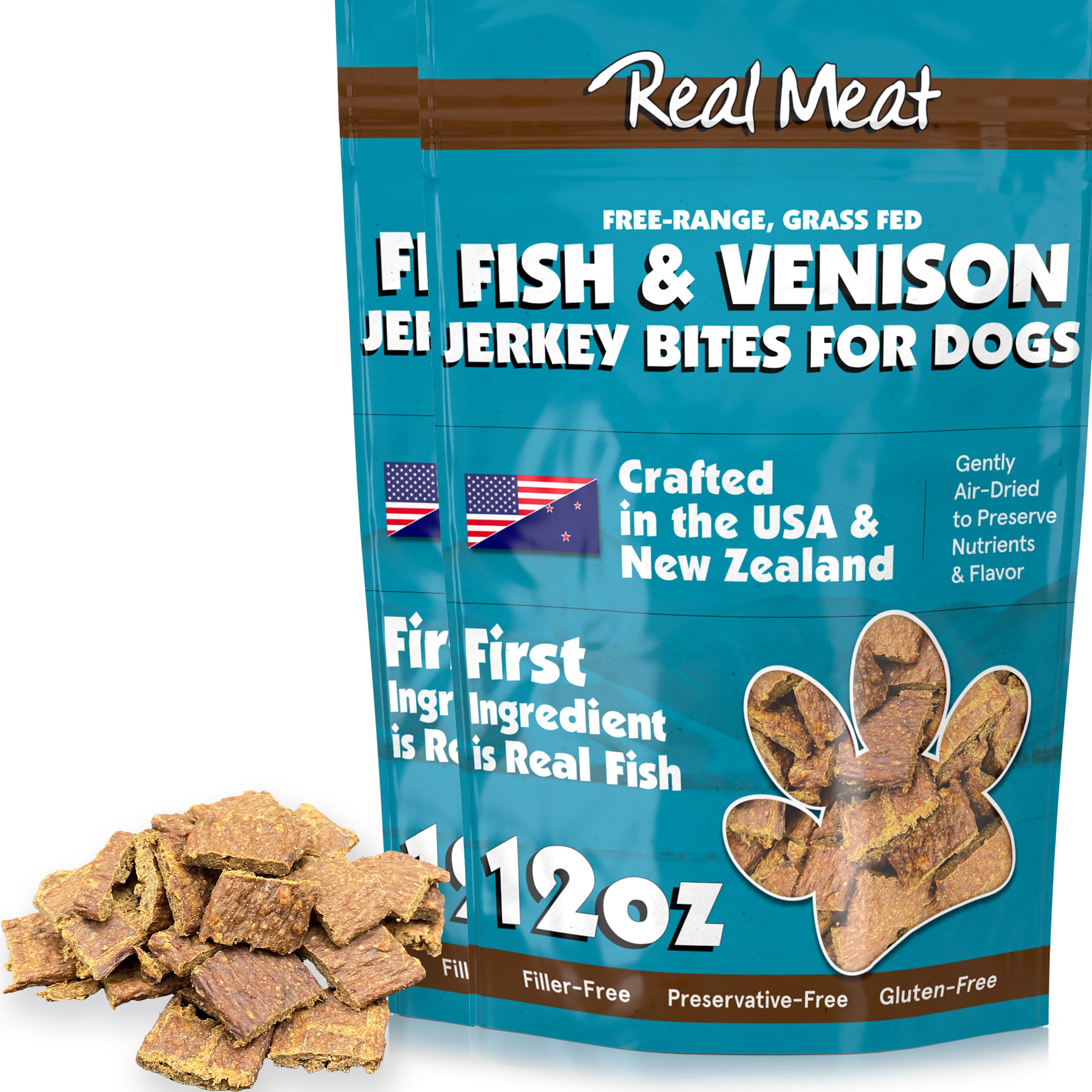 Real Meat Dog Treats - Two 12oz Bag of Bite-Sized Air-Dried Fish & Venison Jerky for Dogs - Grain-Free Jerky Dog Treats Made up 