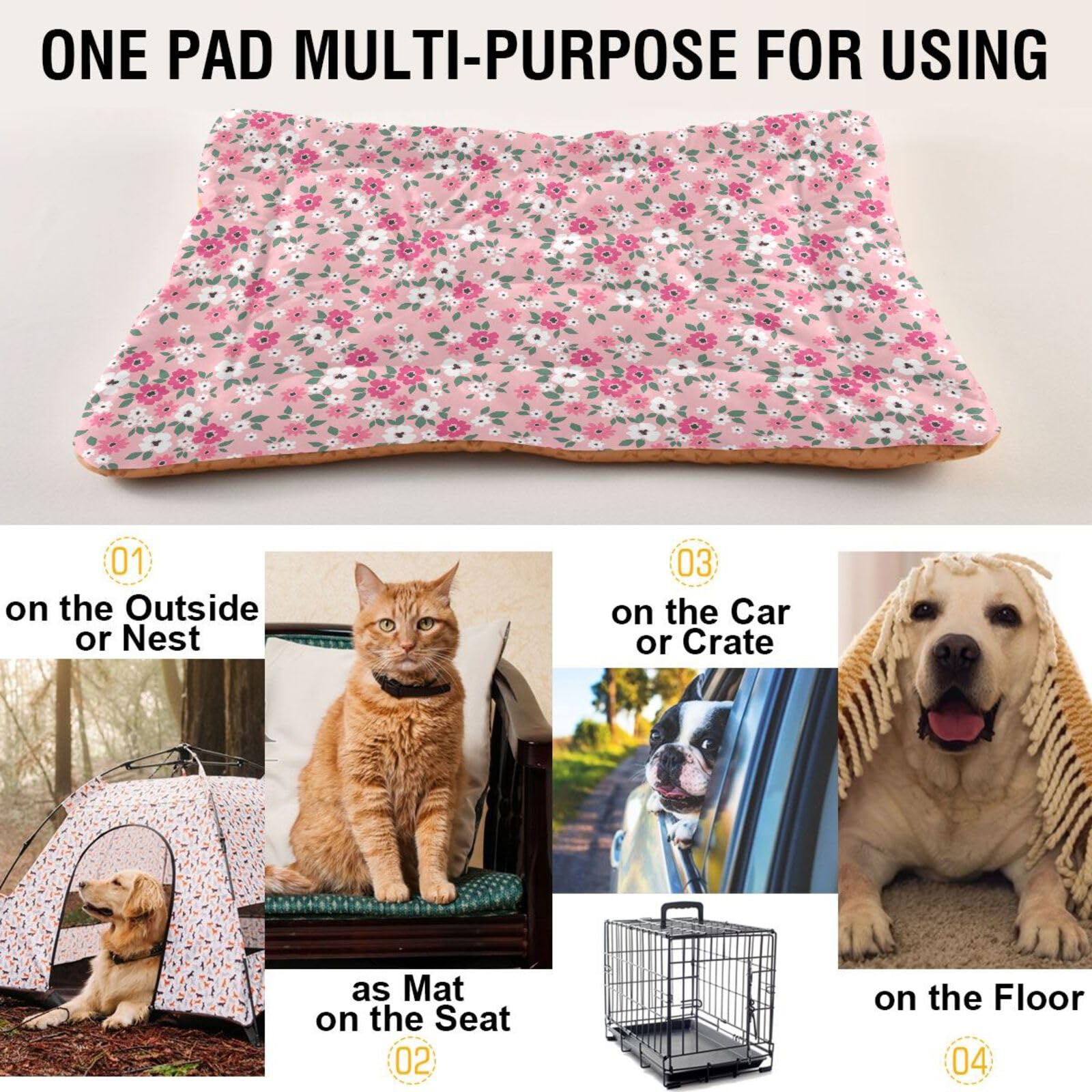 Coikll Pink Floral Pet Bed Pad Soft Dog Bed Mat With Anti-Slip Bottom, Machine Washable Crate Pad Mattress For Dog Sleeping