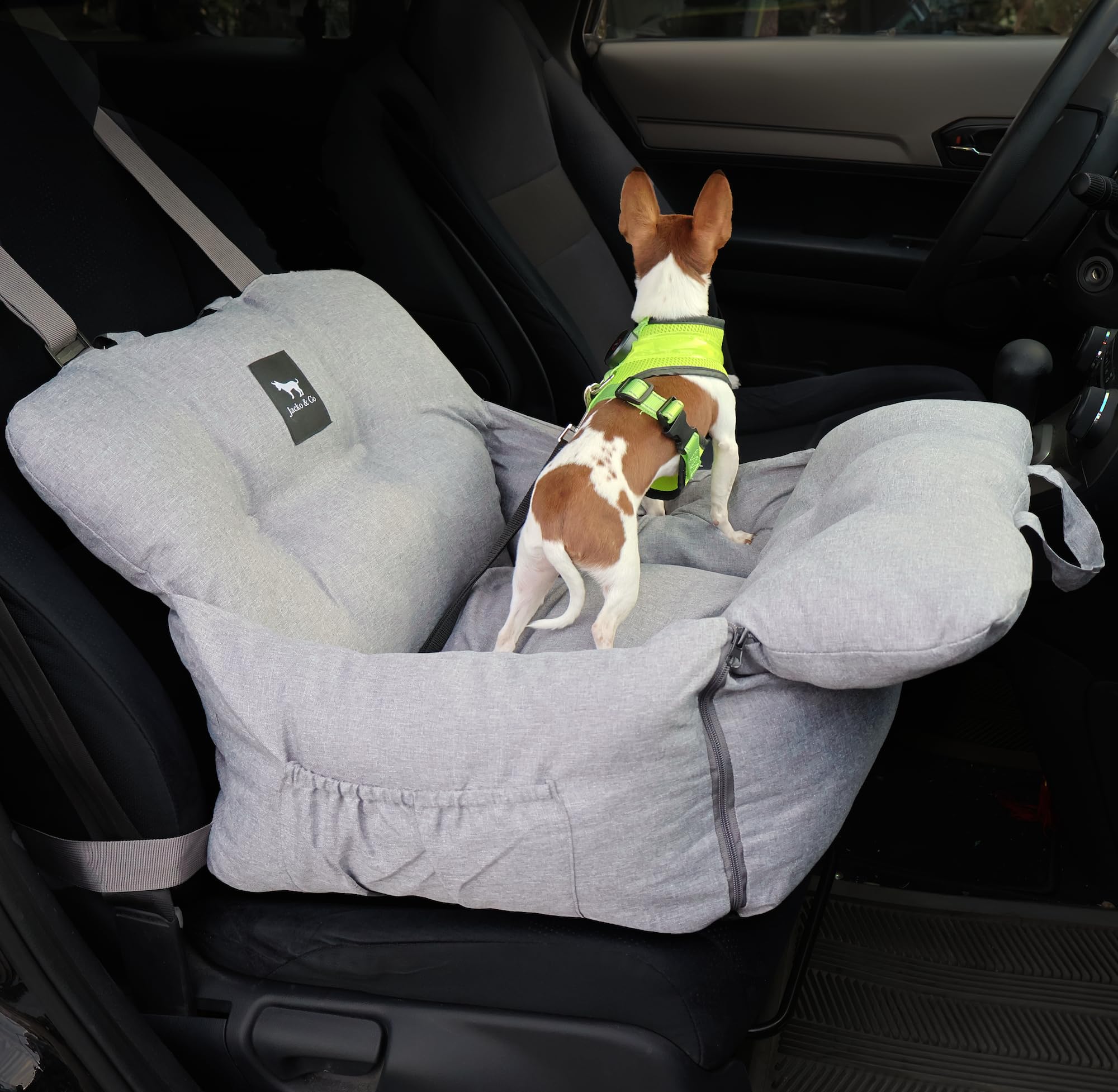 Jacko & Co - Premium Dog Car Seat & Bed For Small & Medium Dogs Up To 30Lbs, Soft Travel Bed & Carrier Bag For Pets, Puppies, Cats For Front & Back Seat, Machine Washable & Water Resistant (Grey)