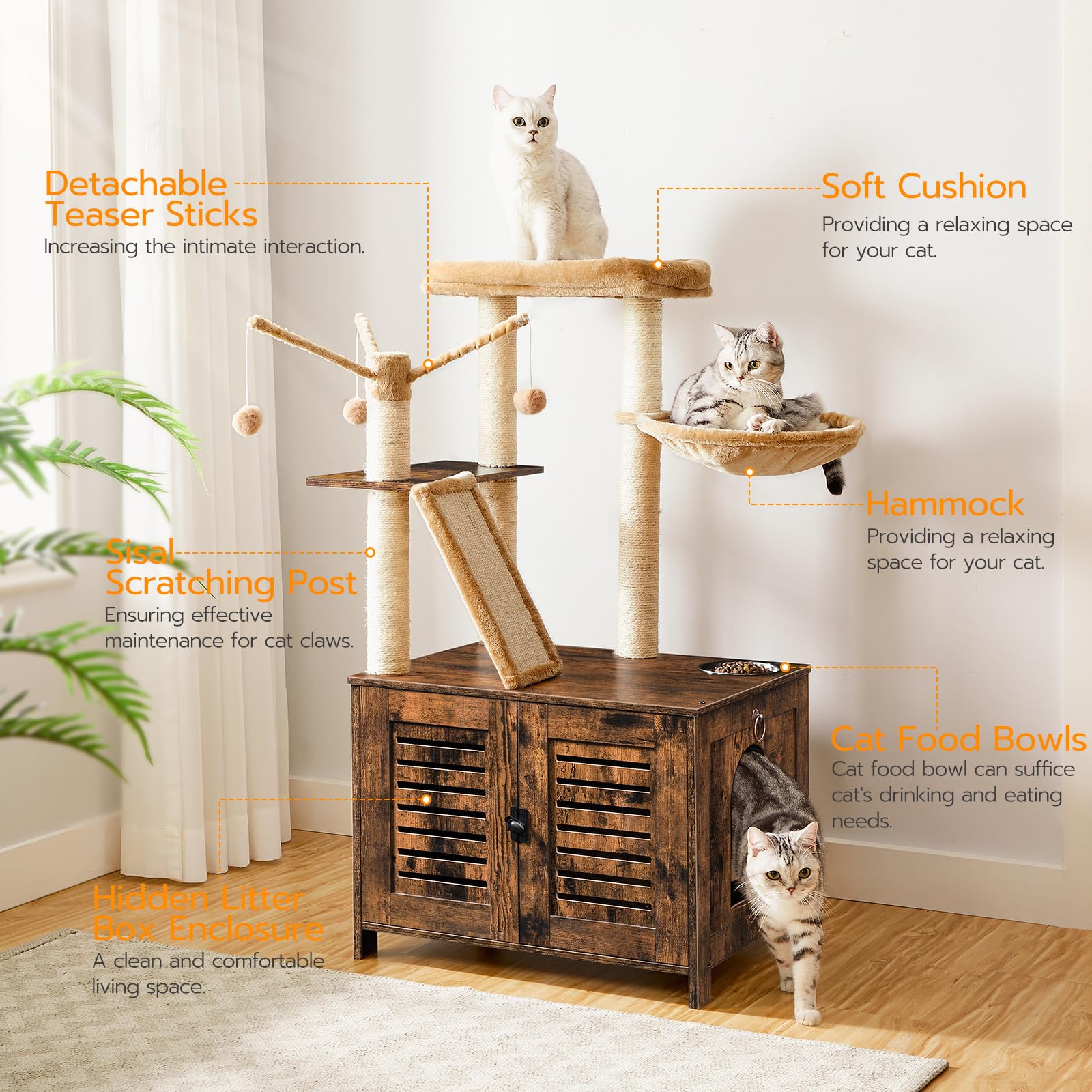 HOOBRO Cat Tree with Litter Box Enclosure, 44 Tall Wooden Cat Tower with Scratching Posts, Cat Hammock, Hidden Litter Box Furnit