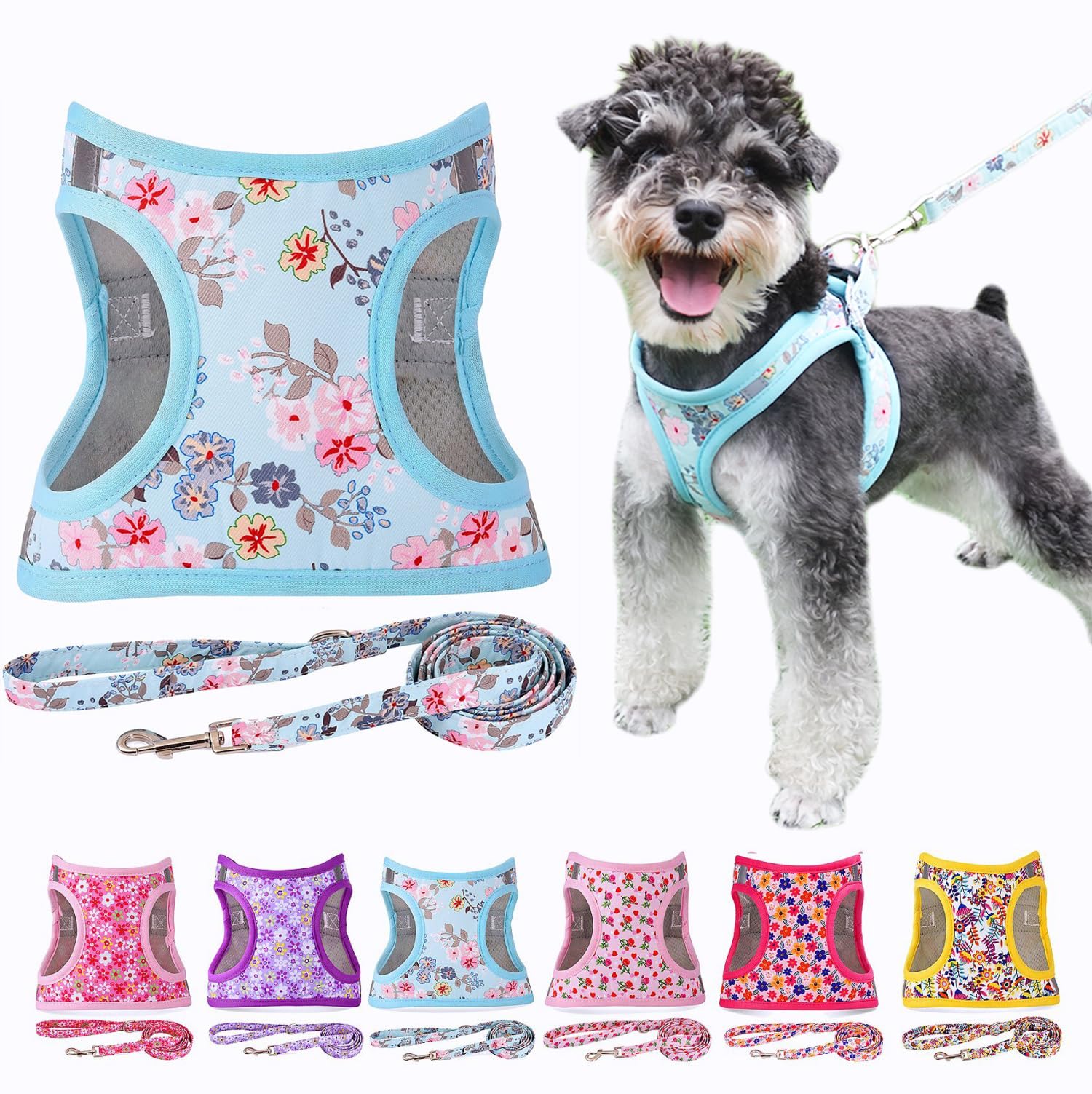 Moonpet Step In Dog Harness Leash Set- All Weather Reflective No-Pull Floral Pattern Padded Mesh Vest Harness For Cats Puppy Ext