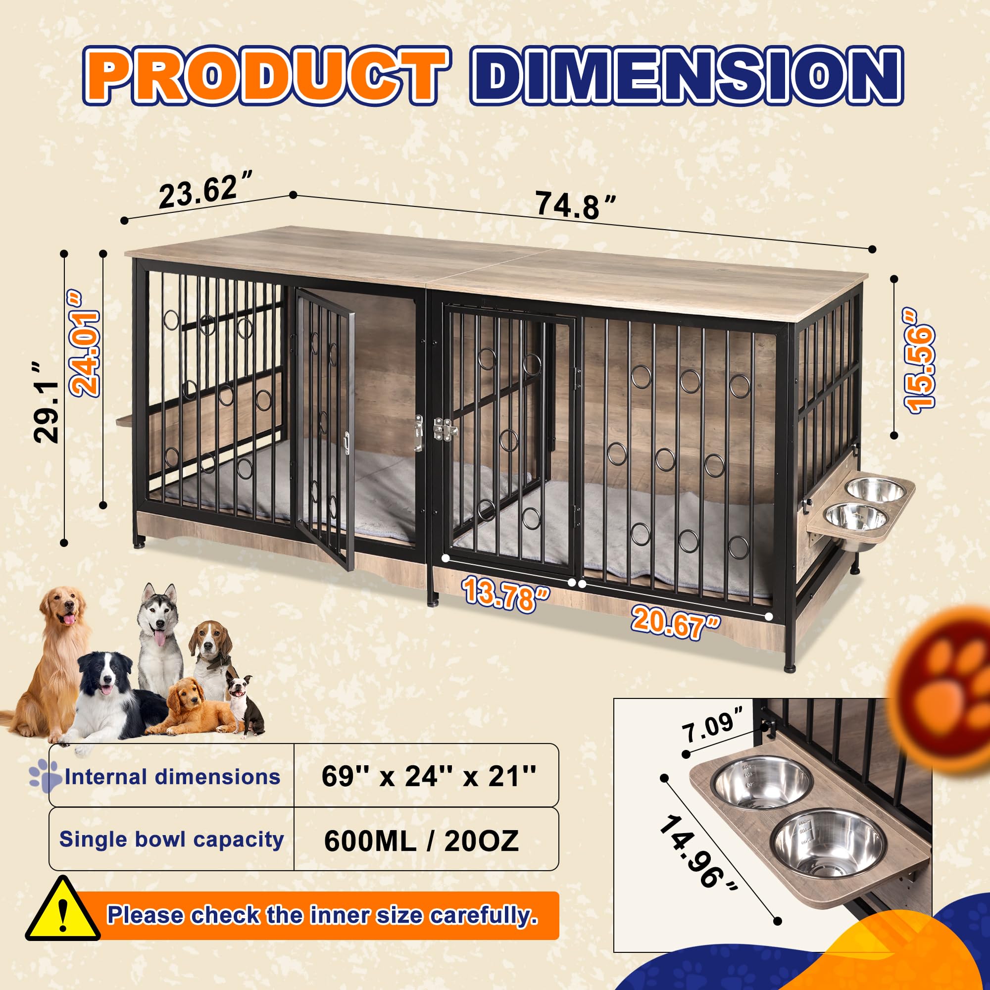 75   Dog Crate Furniture Large Storage TV Stand with Dual Cushion / 4 Bowls/Double Rooms, Wooden Dog Kennel Dog Crate End Tabl