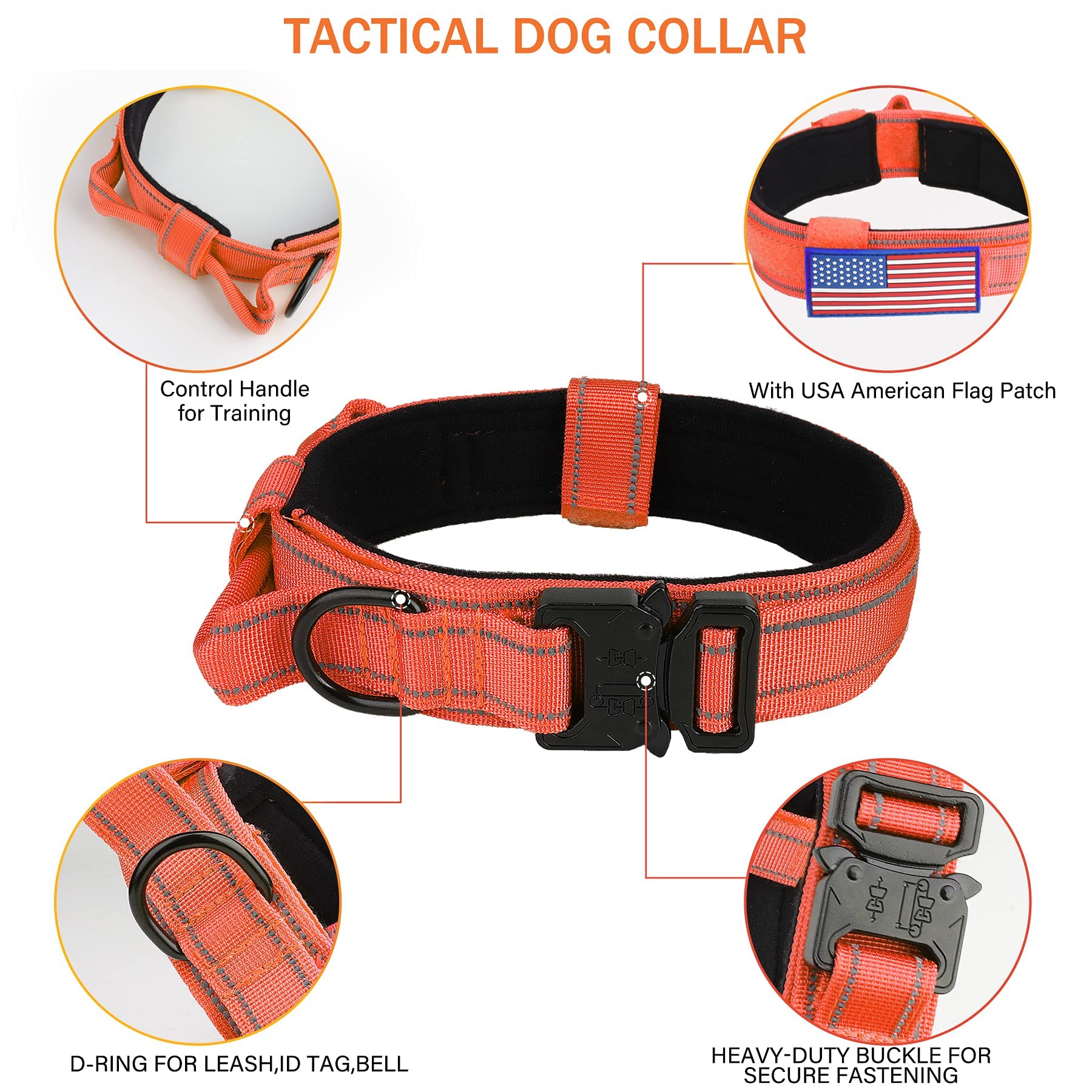 Tactical Dog Collar- Kcucop Military Dog Collar With Reflective Collar And American Flag Patch With Handle Heavy Duty Metal Buckle 1.5' Width Nylon Thick Adjustable K9 Collar(Orange Reflective-Xl)