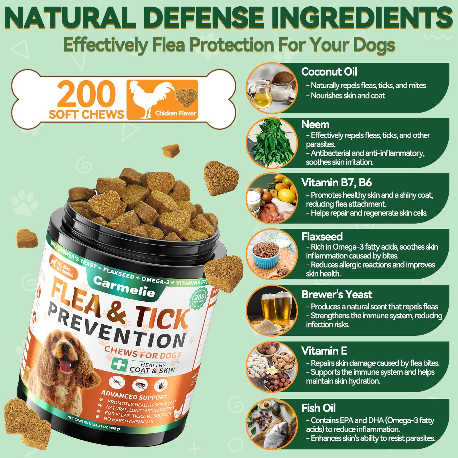 Carmelie Flea and Tick Prevention for Dogs - 200 Chews Natural Dog Flea and Tick Support, Oral Flea Supplement for All Dogs, Sup
