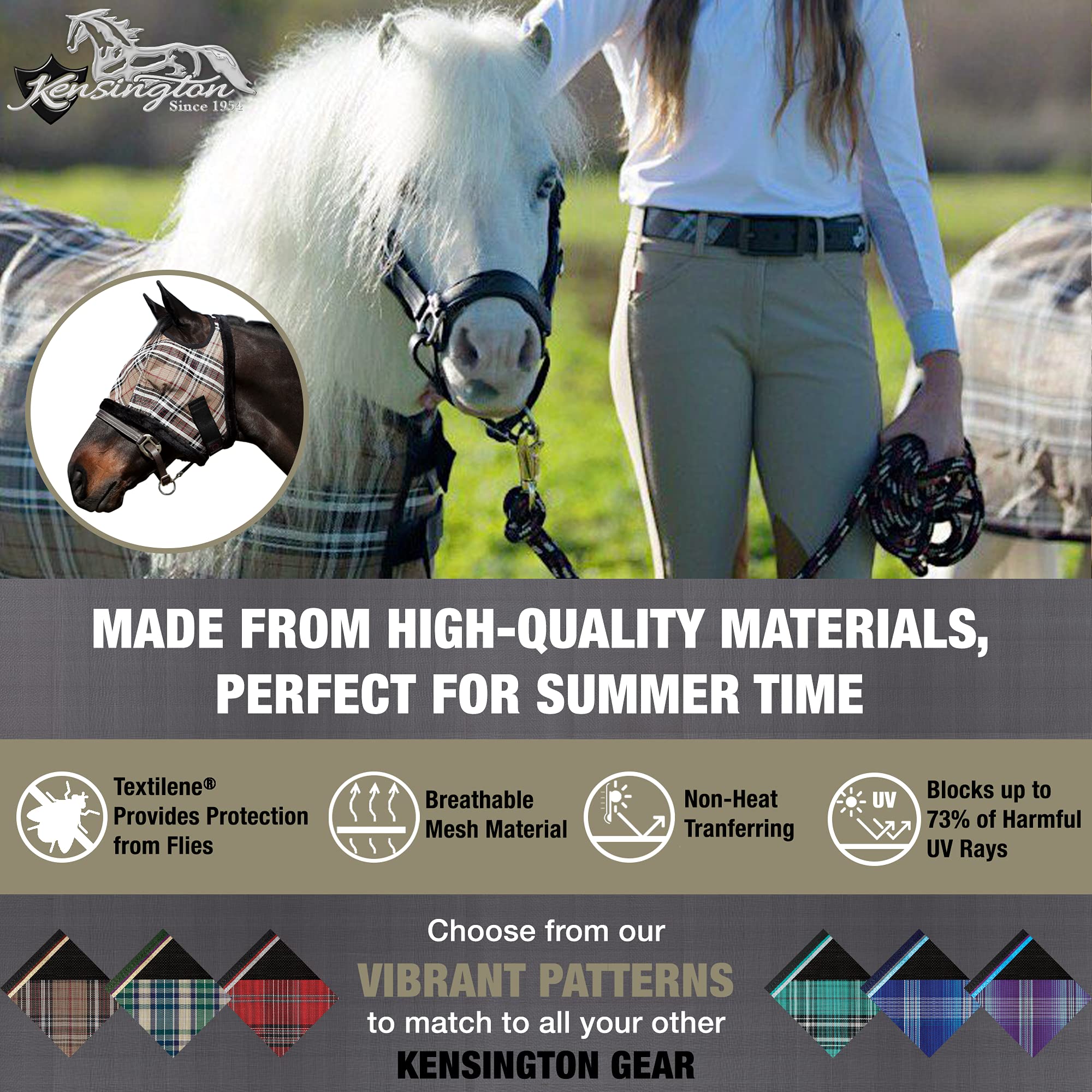 Kensington Fly Mask with Fleece Trim for Horses - Protects Face and Eyes From Flies and UV Rays While Allowing Full Visibility -