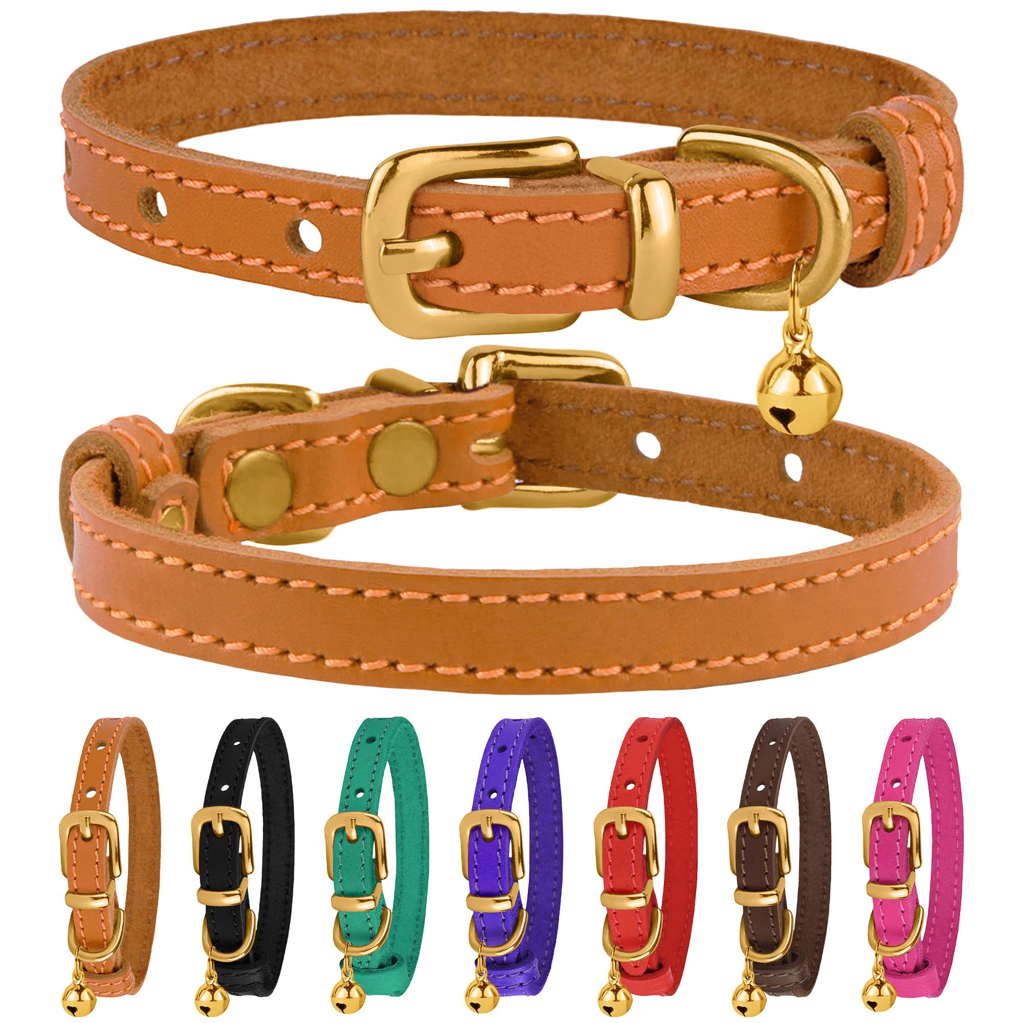 Bronzedog Leather Cat Collar With Bell Non Breakaway Kitten Qr Tag For Girl Boy (7' - 9' For Cats, Light Brown & Gold)