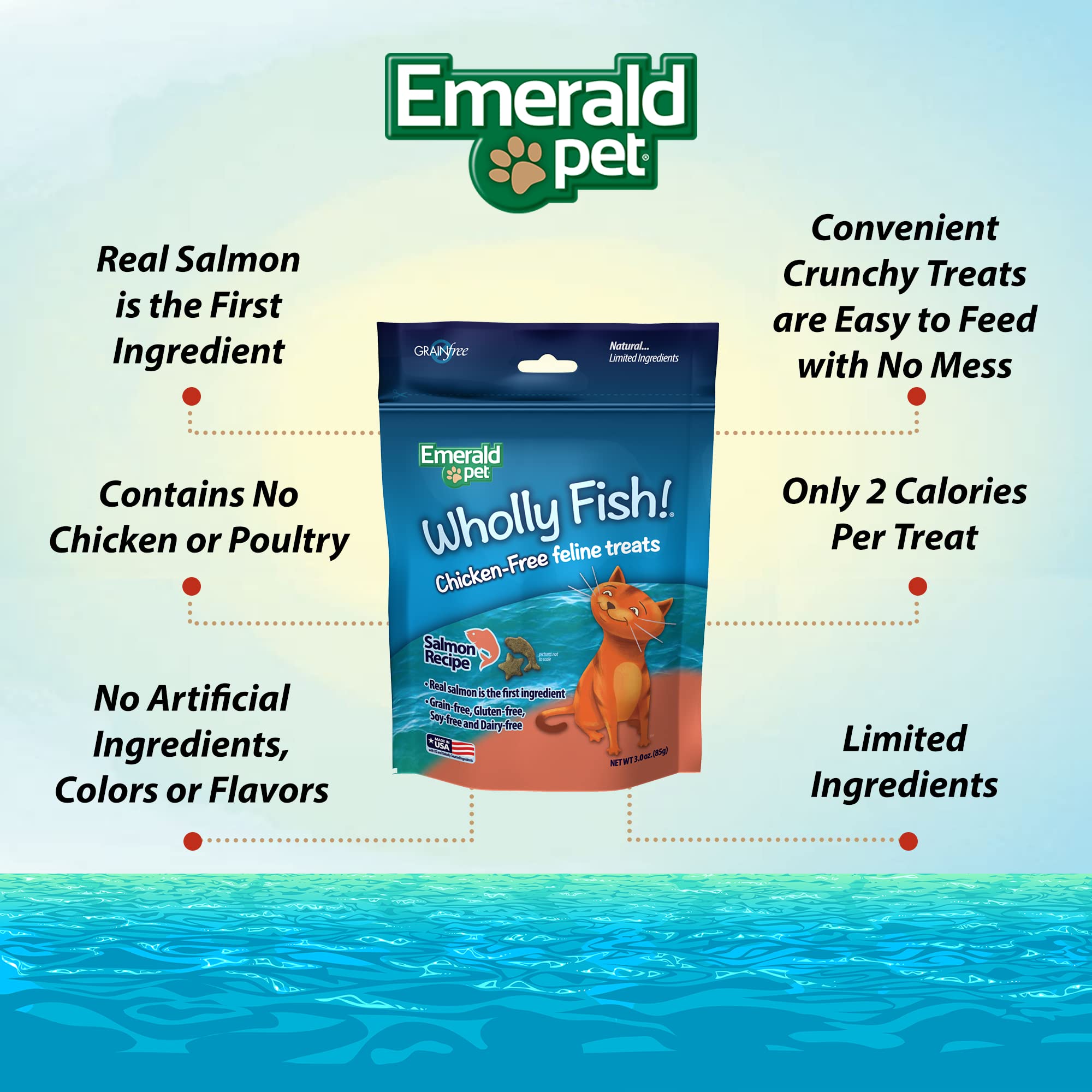 Emerald Pet Wholly Fish! Chicken-Free Feline Treats, Salmon Recipe - Tasty and Crunchy Salmon Cat Treats with Real Salmon - Chic
