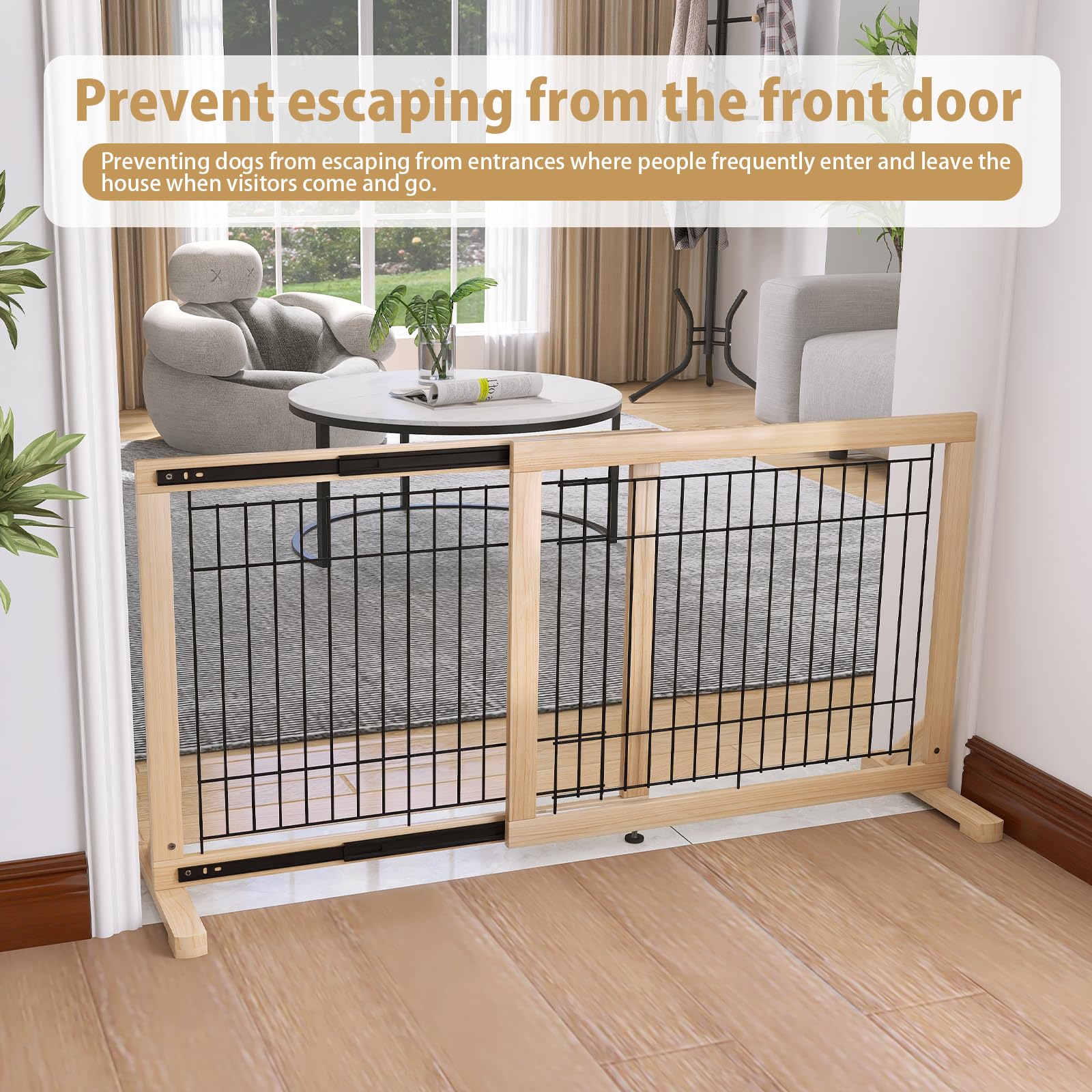 YOCAN Extra Wide Adjustable Dog Gate, 19.7" Tall, 31.5–61" Wide, Wood & Metal Frame, No Drill Pressure Mount, Black/Natural