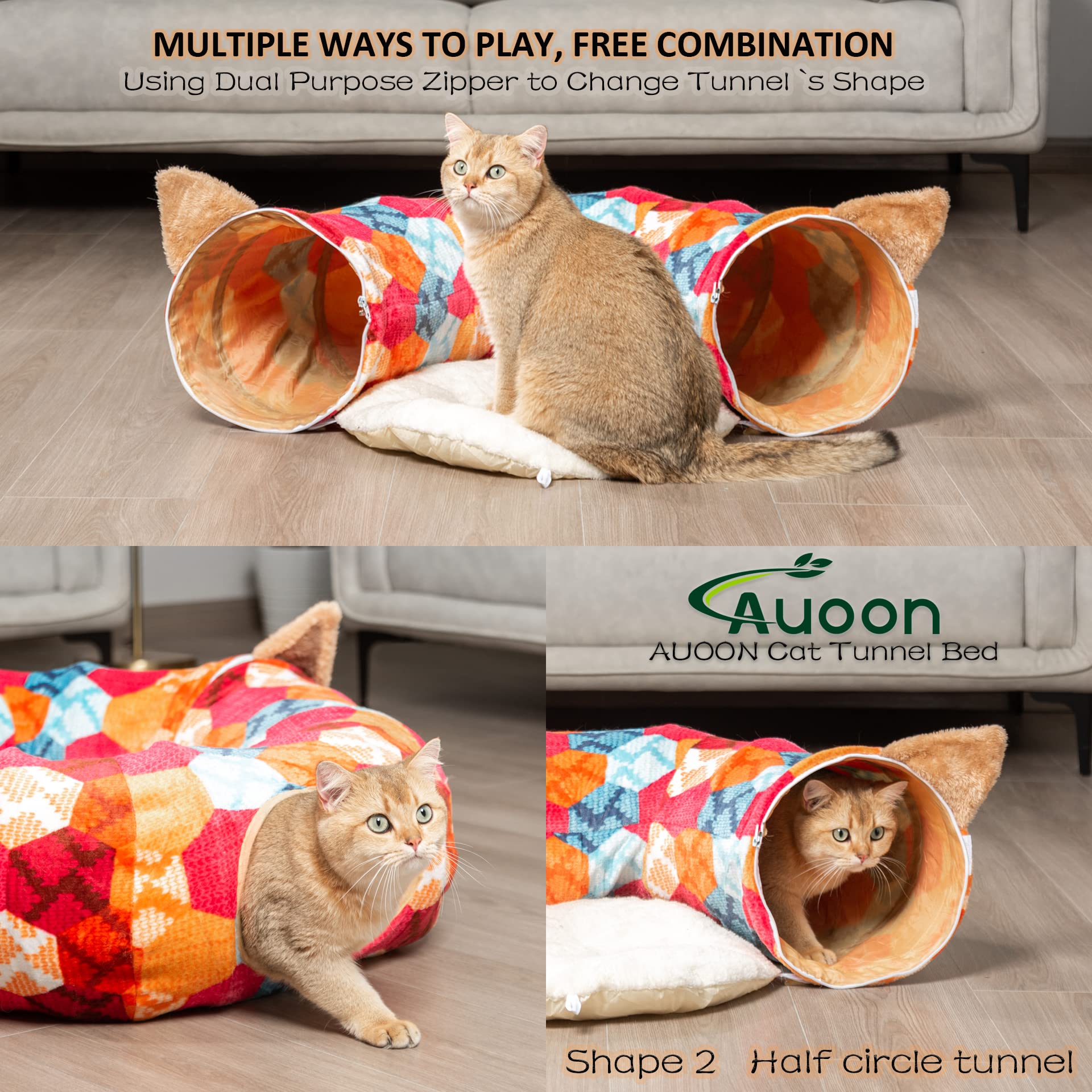 Auoon Cat Tunnel Bed With Central Mat,Big Tube Playground Toys,Soft Plush Material,Full Moon Shape For Kitten,Cat,Puppy,Rabbit,Ferret (Orange)