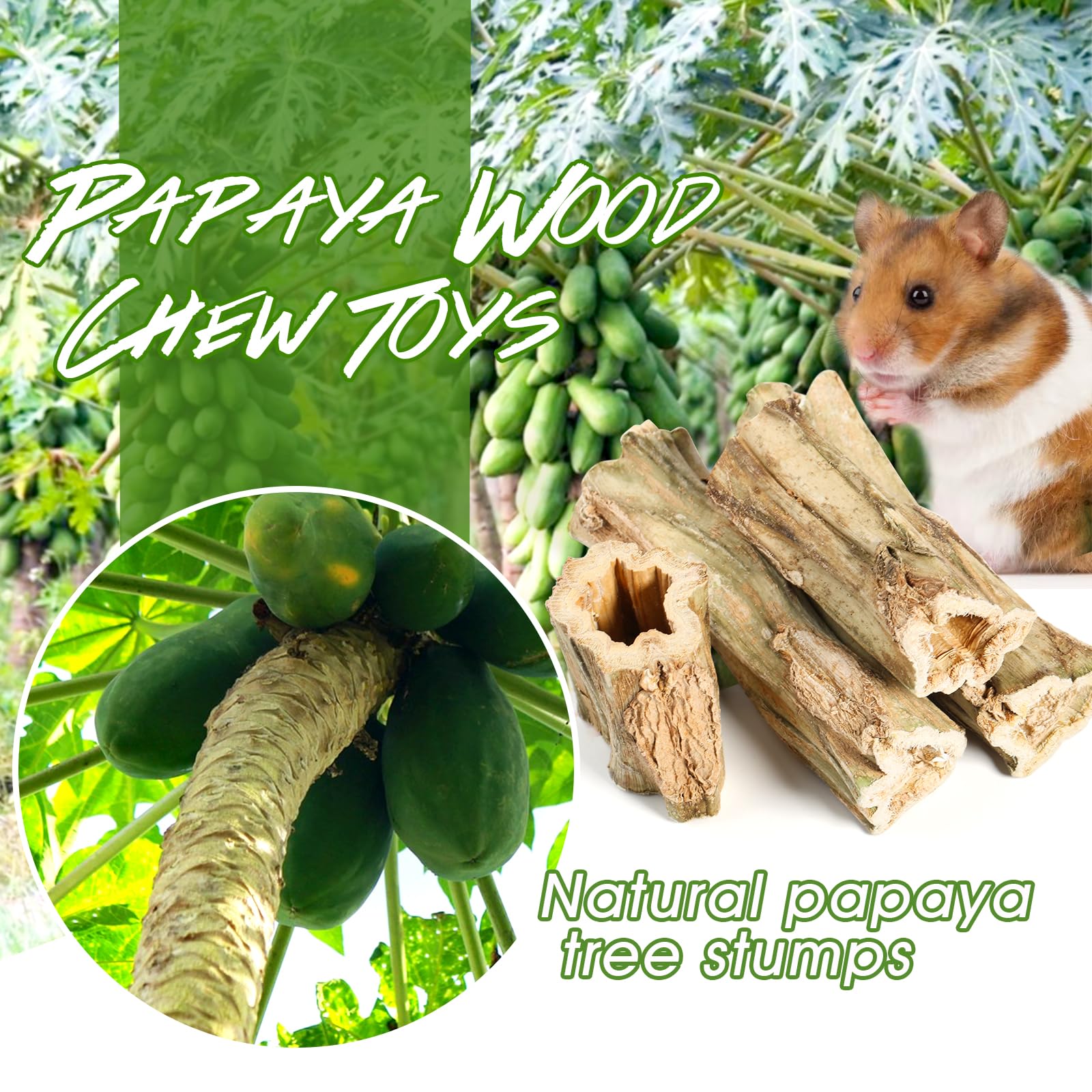 Abizoo Rabbit chew Toys for Bunnies,4 Pcs Natural Papaya Wood Chew Sticks Bunny Chews for Teeth Chinchilla Guinea Pig Hamster Ge