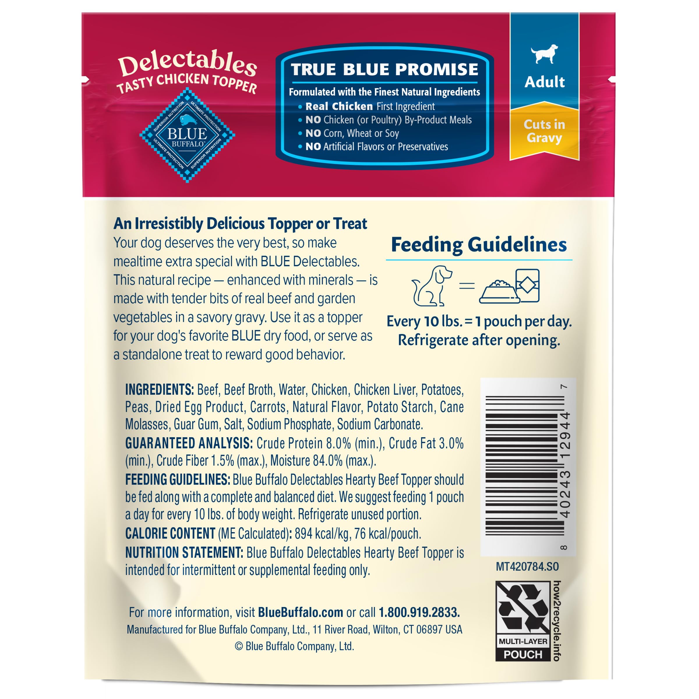 Blue Buffalo Delectables Natural Wet Dog Food Toppers, Hearty Beef Cuts in Gravy, 3-oz (24 Pouches)