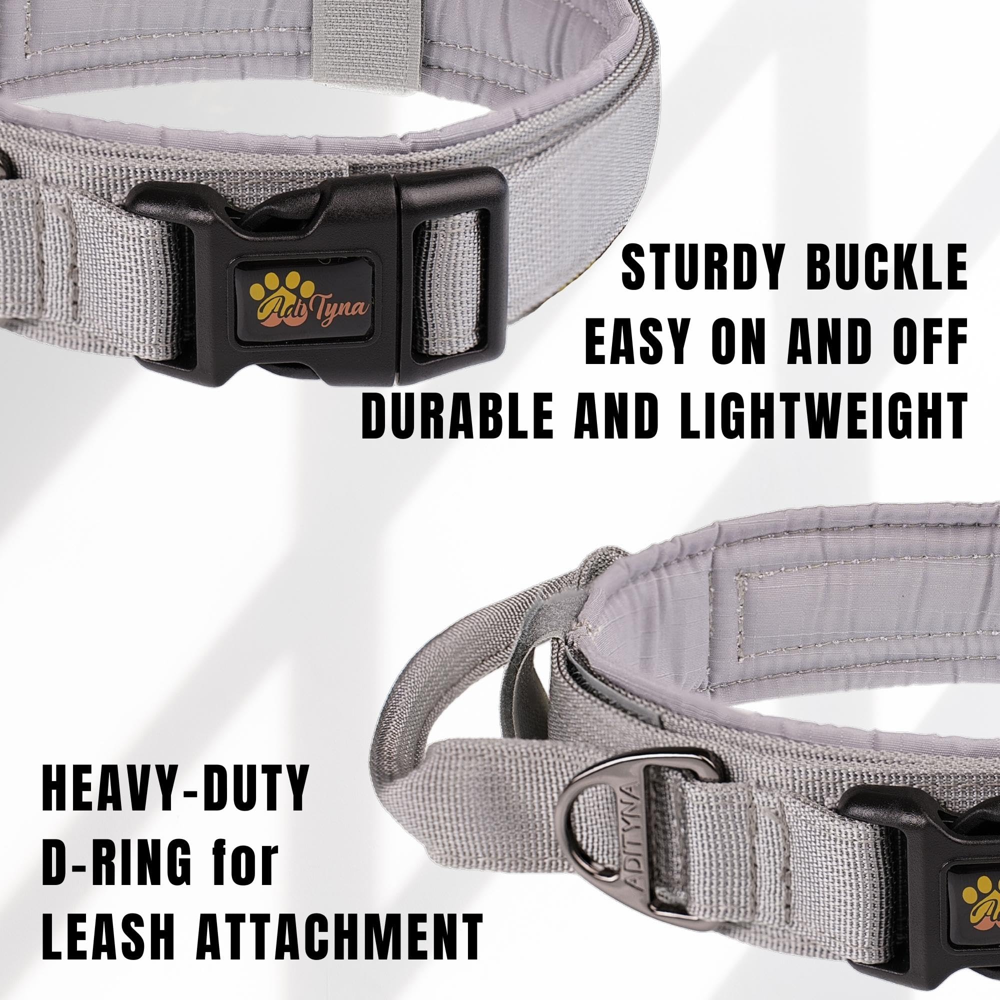 Adityna Tactical Dog Collar For Large Dogs - Soft Padded, Heavy Duty, Service, Adjustable Military K9 Collar With Handle For Tra