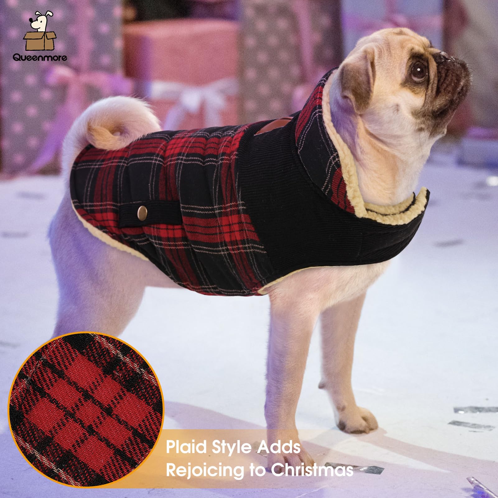 Queenmore Warm Dog Jacket For Cold Weather, Plaid Puffer Coat With Waterproofing, Fleece Padding, Leash Hole - Xs/Sm For Girl/Bo