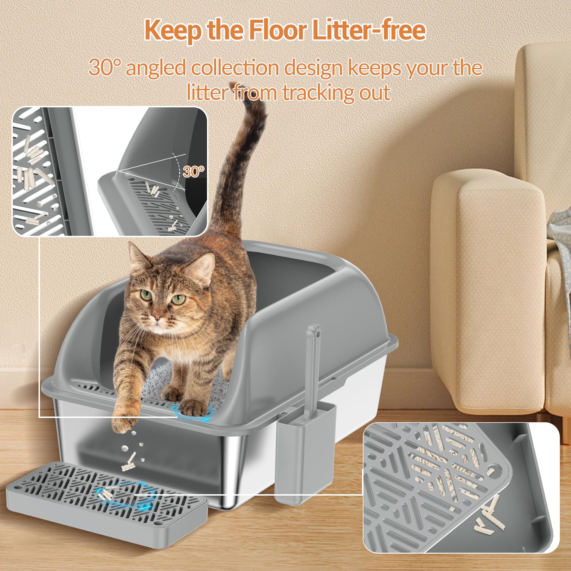 Miorcols Stainless Steel Litter Box with Lid, XL Extra Large Metal Cat Litter Box for Big Cats, High Sided Design with Scoop & P
