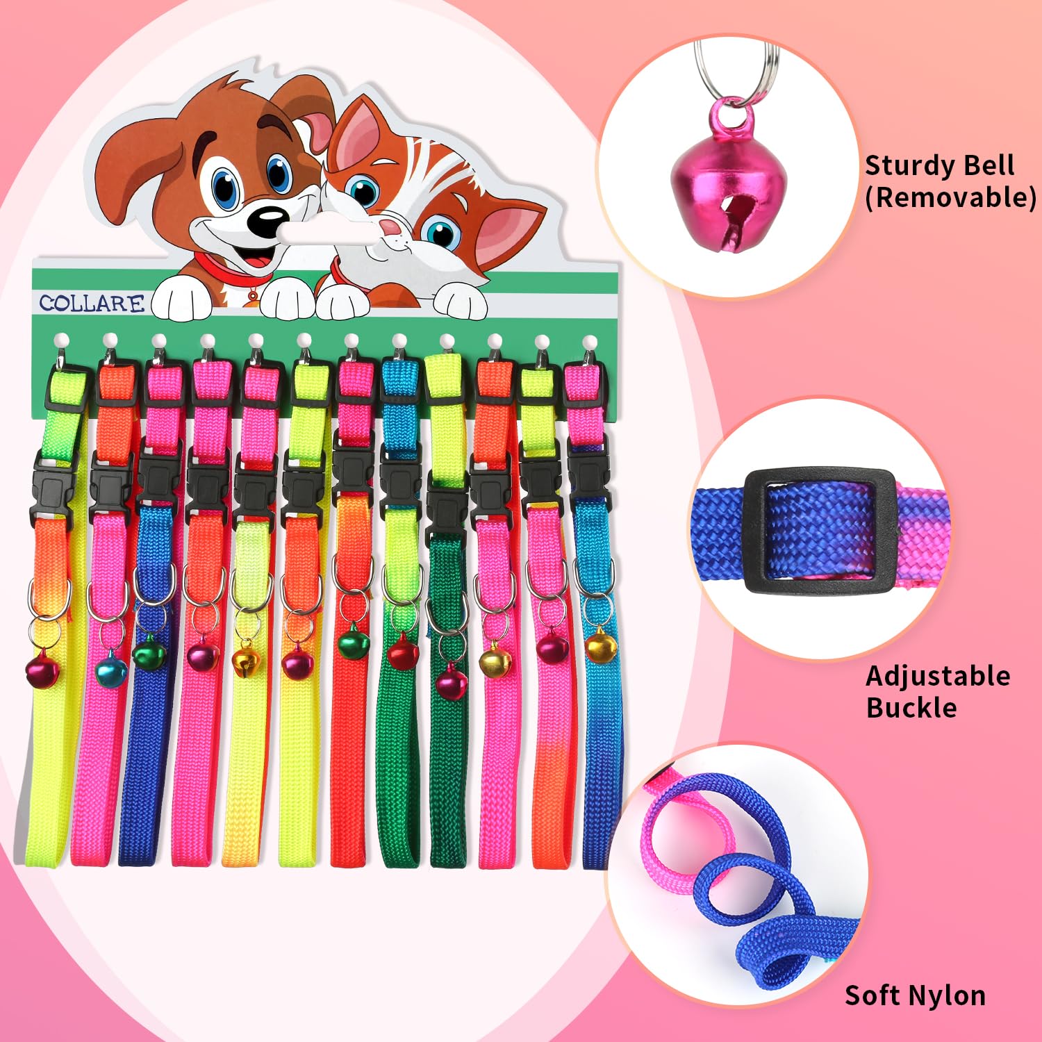 Hypeety Personalized Rainbow Embroidered Kitten Cat Collar With Bell For Girl Boy Pet Cats And Puppy, Safety Buckle Kitten Colla