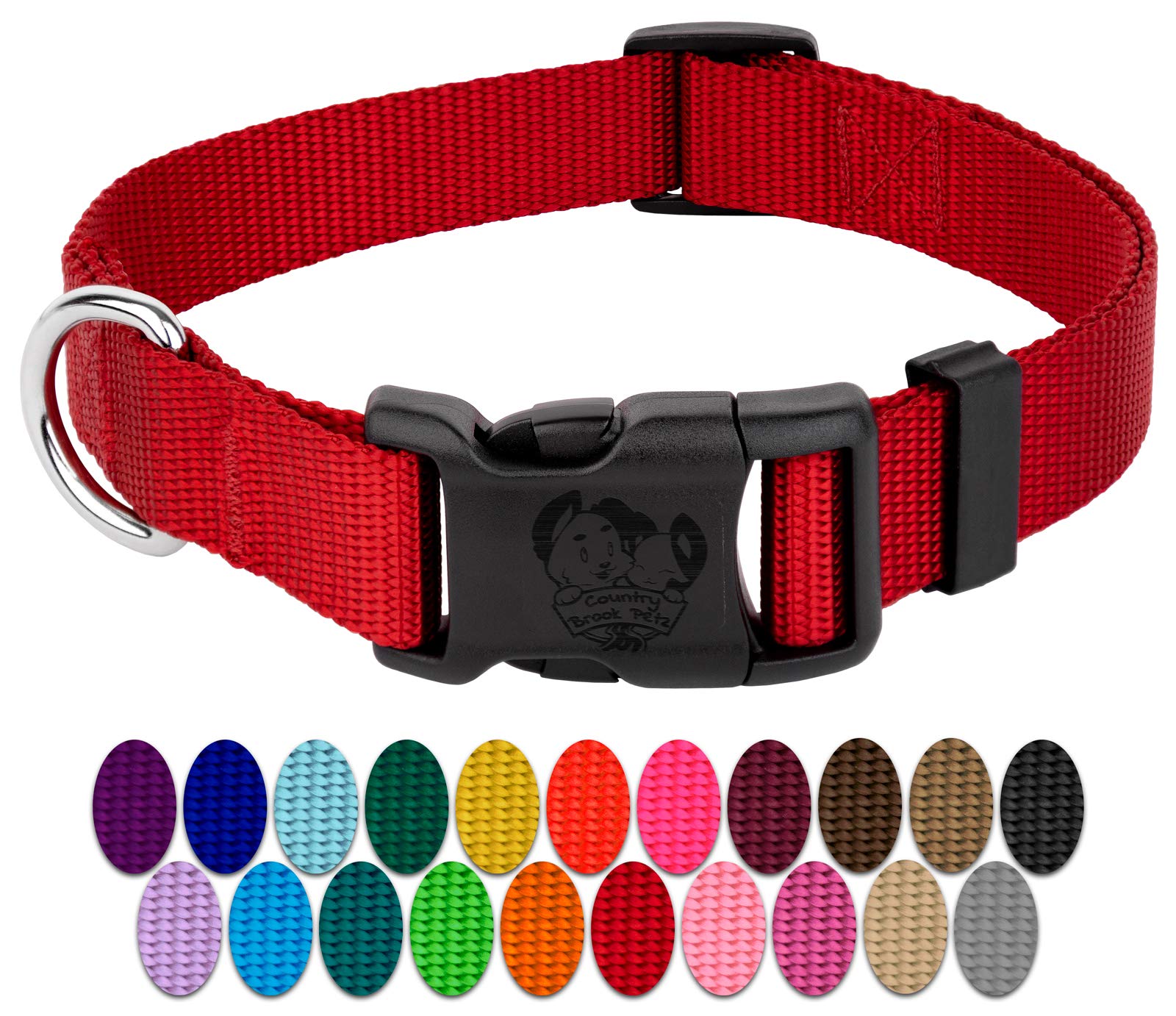 Country Brook Petz - 30+ Vibrant Colors - American Made Deluxe Nylon Dog Collar With Buckle (Micro, 3/8 Inch Wide, Red)
