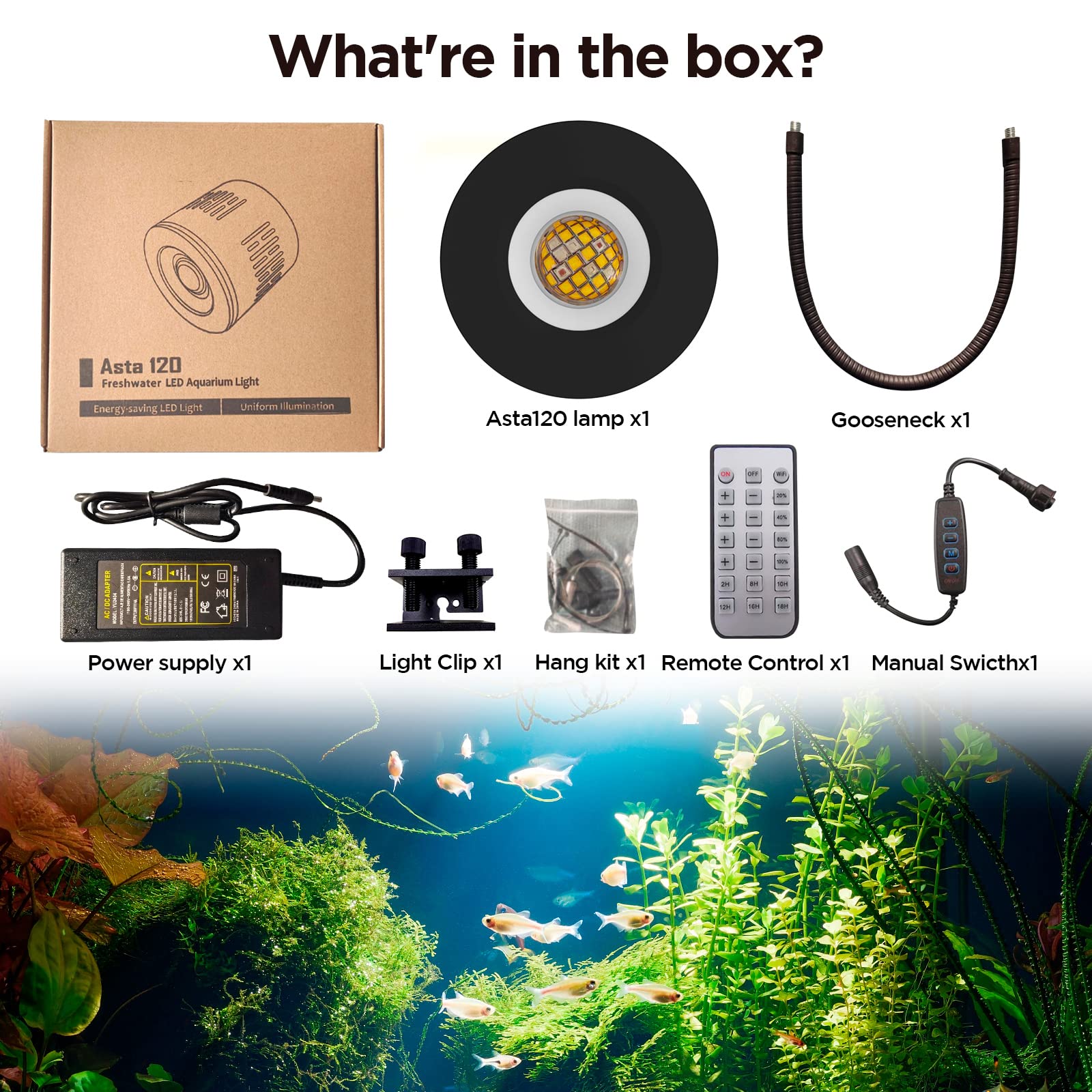 Lominie Led Aquarium Light, Dimmer Remote Control 0-100% Brightness 80W Planted Fish Tank Light Clamp Clip Lamp For Freshwater Refugium Algae Fish Tank With Gooseneck